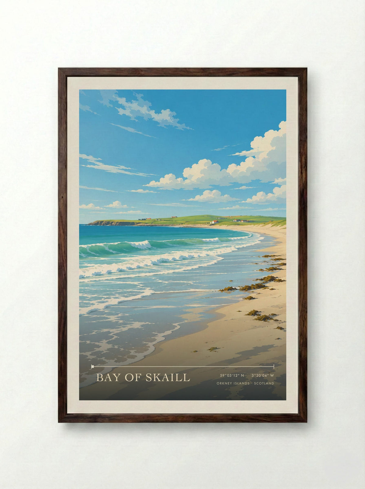Bay of Skaill, Orkney Islands | Travel Poster - Framed Print Dark Wood