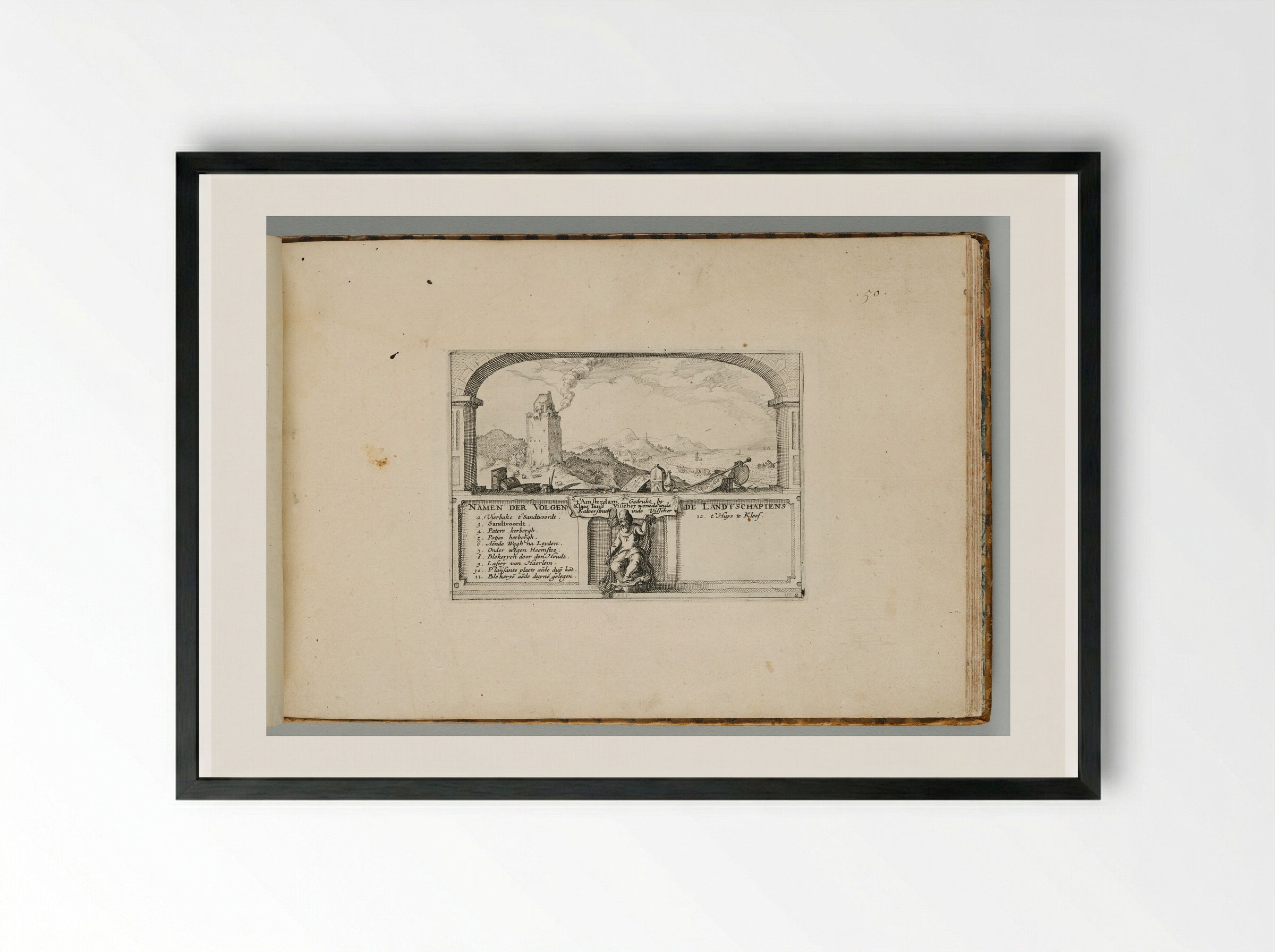 Beacon at Zandvoort, with Table of Contents - Claes Jansz. Visscher - Framed Print Black