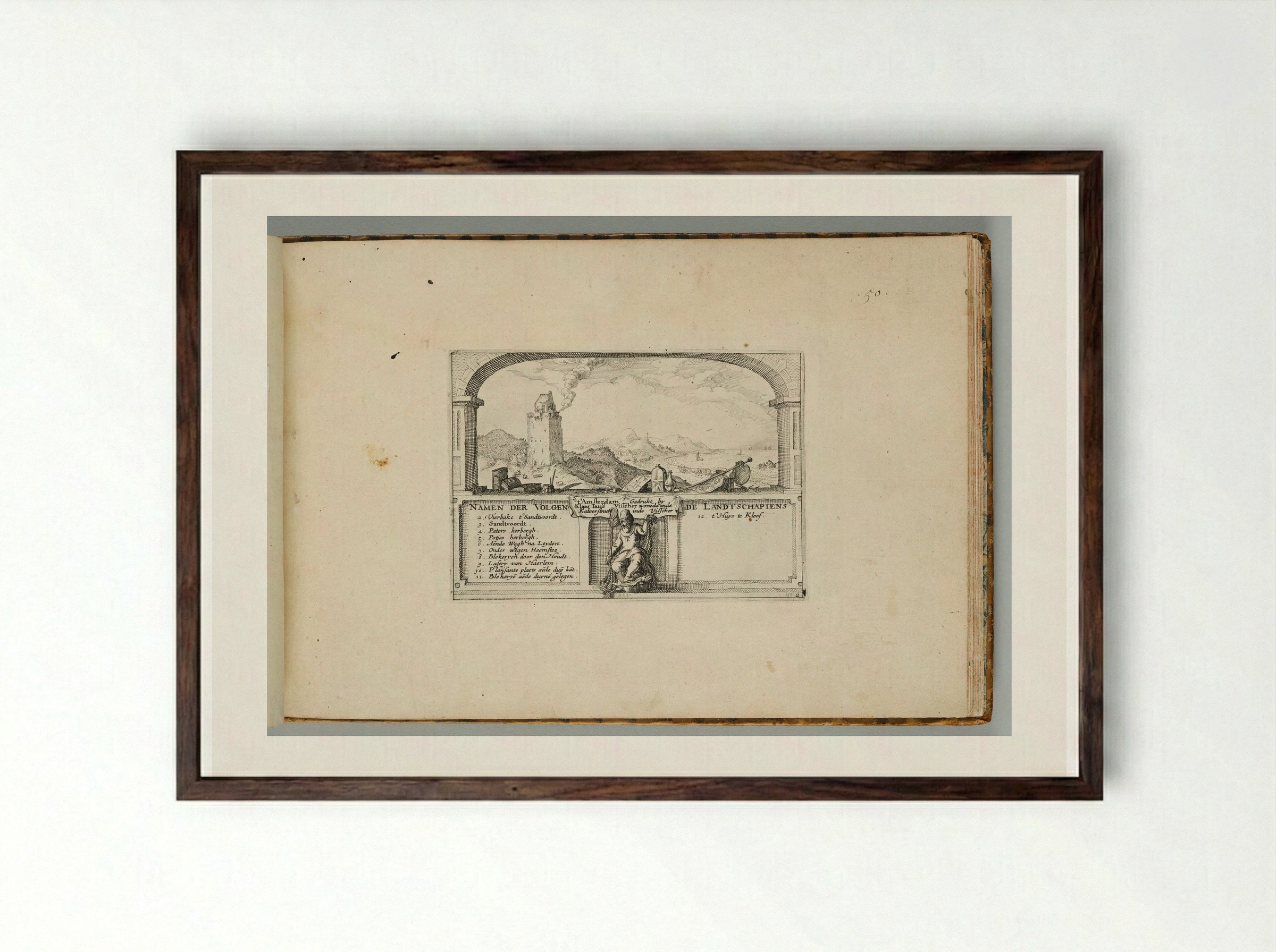 Beacon at Zandvoort, with Table of Contents - Claes Jansz. Visscher - Framed Print Dark Wood