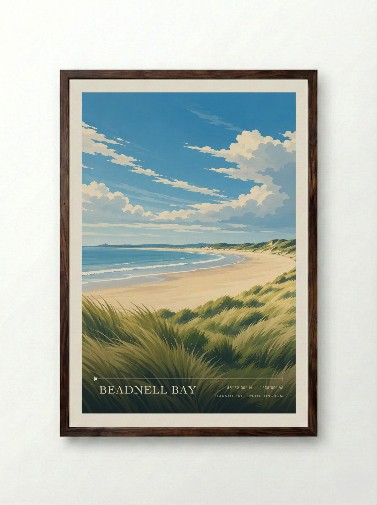 Beadnell Bay | Travel Poster - Framed Print Dark Wood