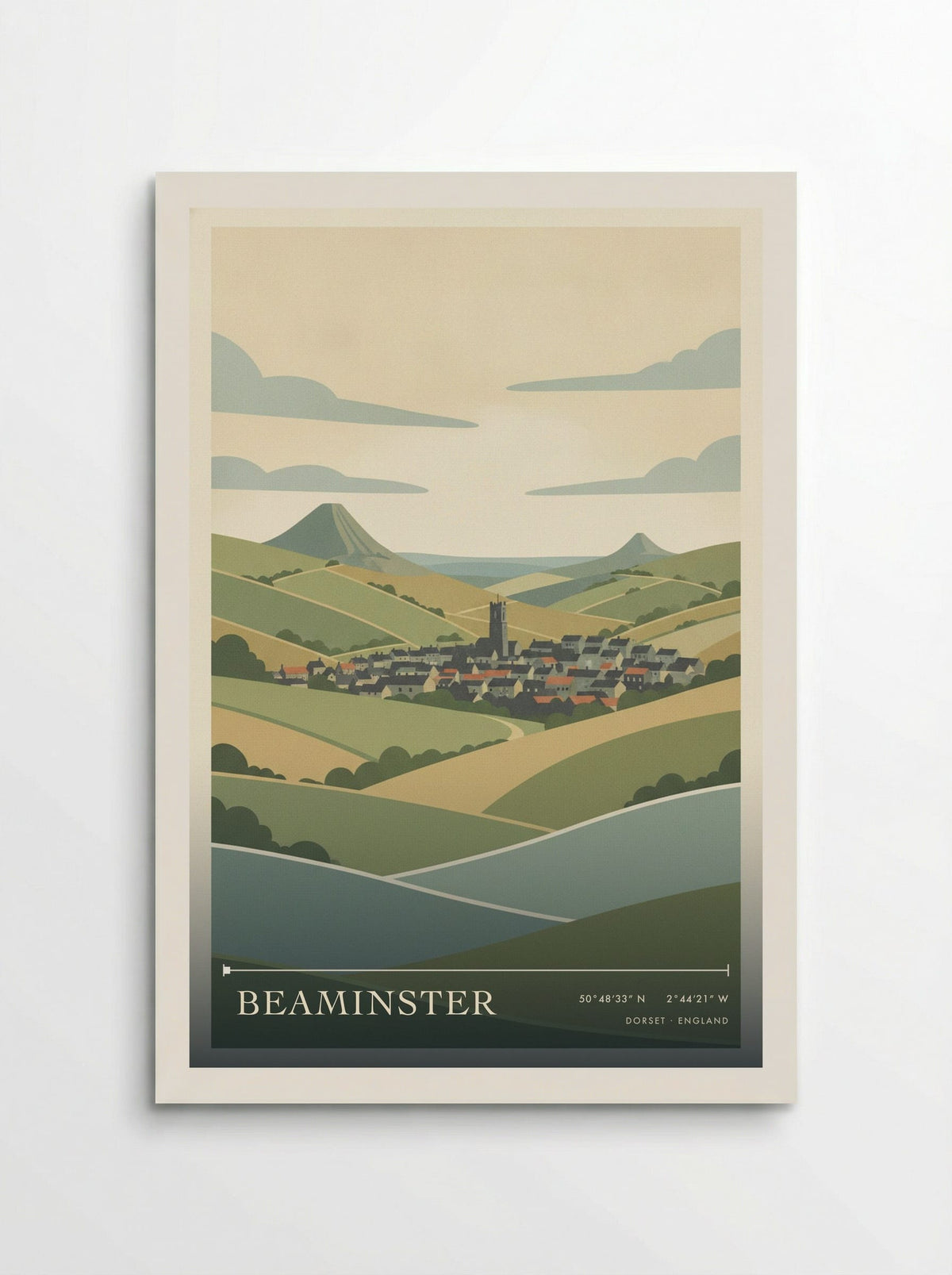 Beaminster, Dorset travel poster: a square church tower, patchwork fields and steep green hills above the village
