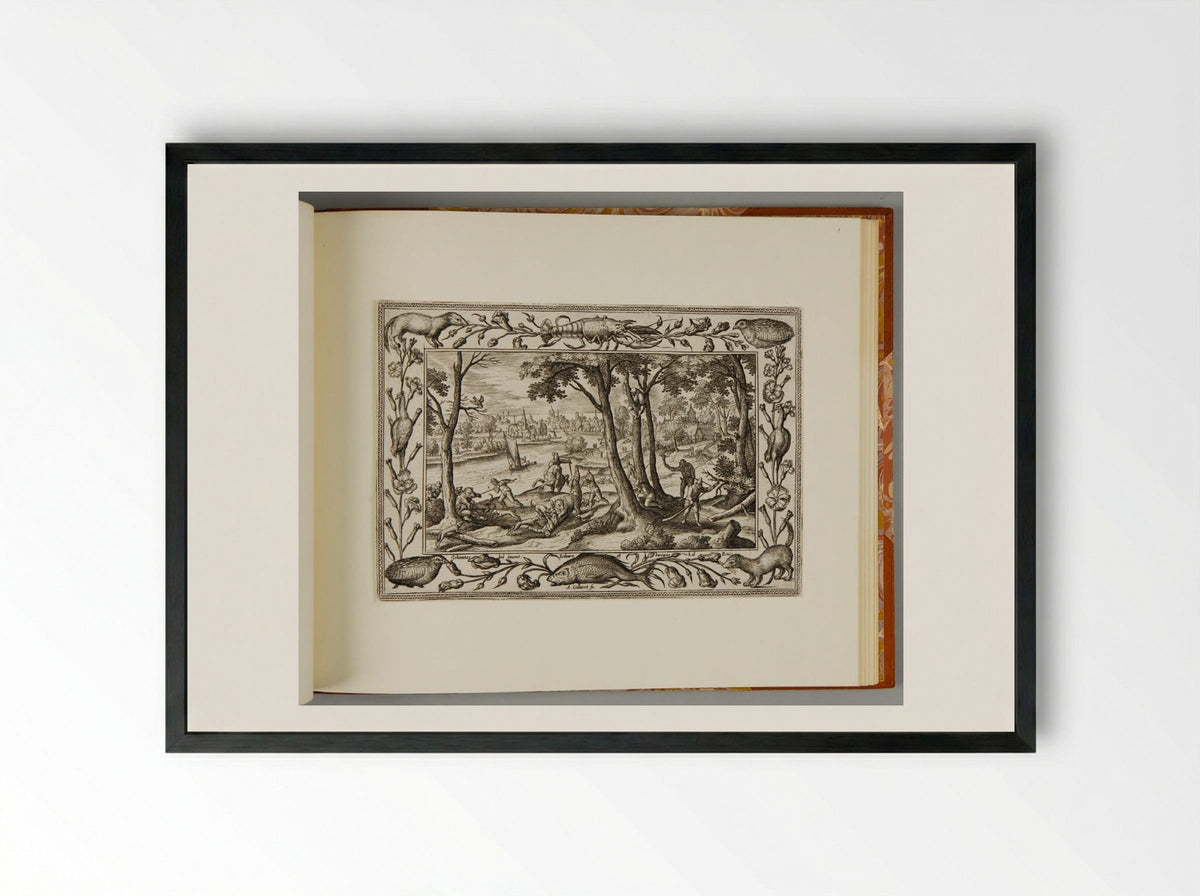 Bear Hunt, with Lobster, Quail, Weasel, and Fish - Adriaen Collaert - Framed Print Black