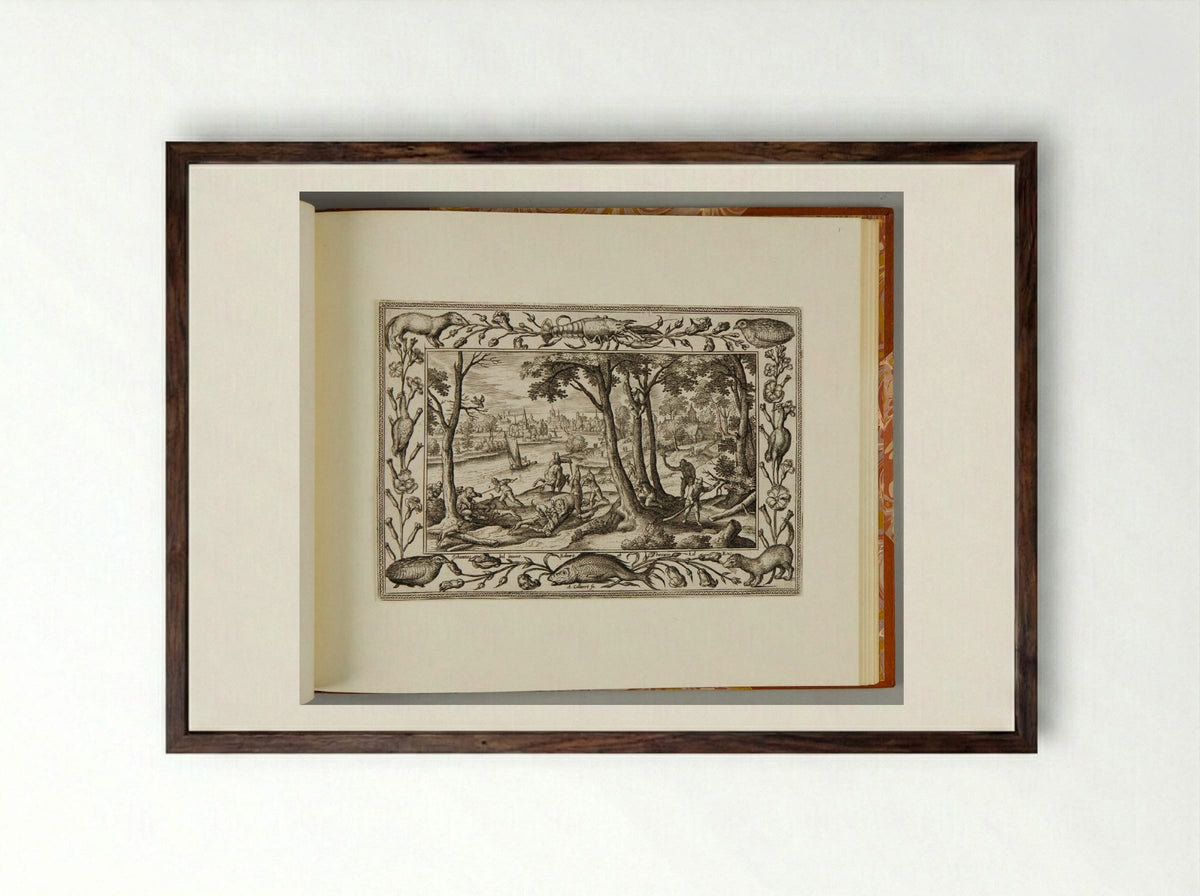 Bear Hunt, with Lobster, Quail, Weasel, and Fish - Adriaen Collaert - Framed Print Dark Wood