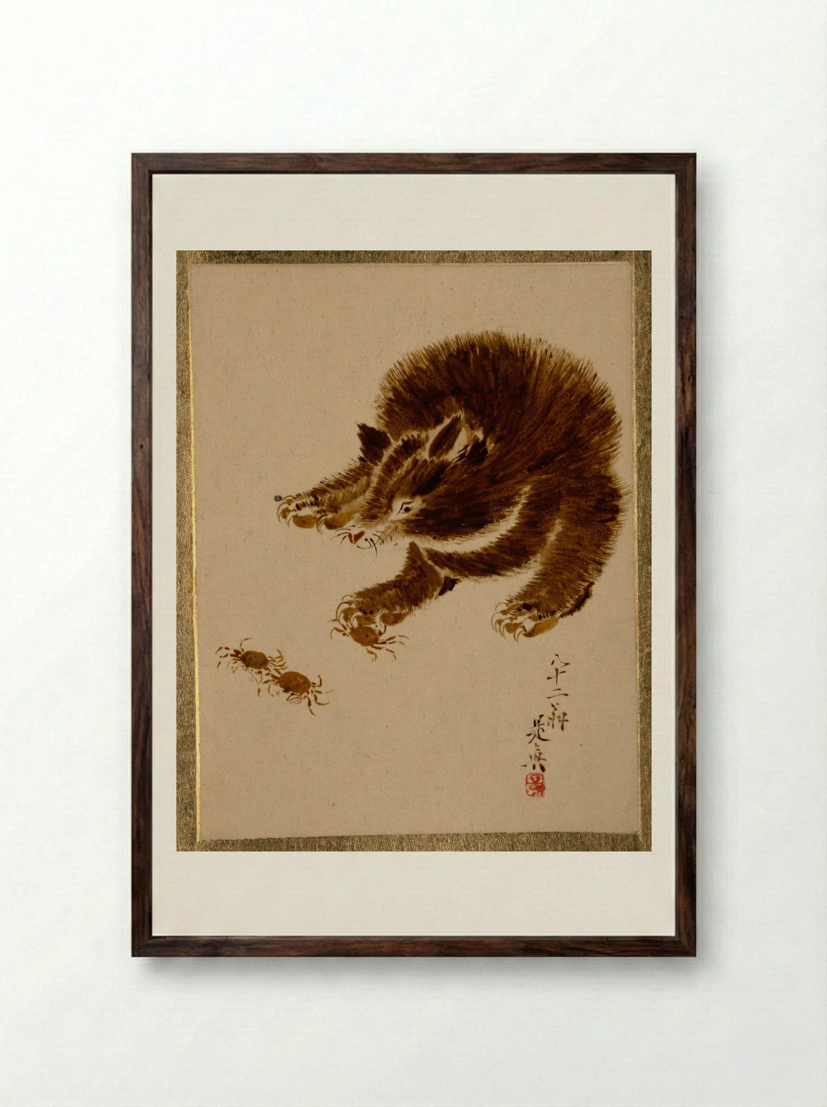 Bear and Crabs - Shibata Zeshin - Framed Print Dark Wood