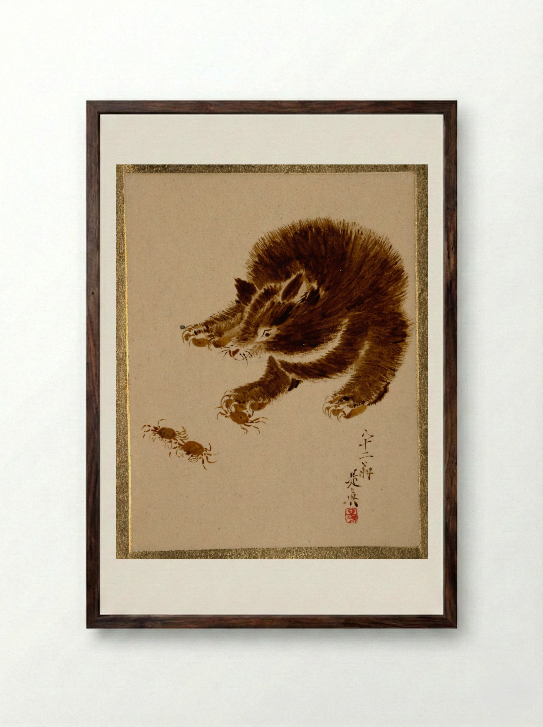 Bear and Crabs - Shibata Zeshin - Framed Print Dark Wood