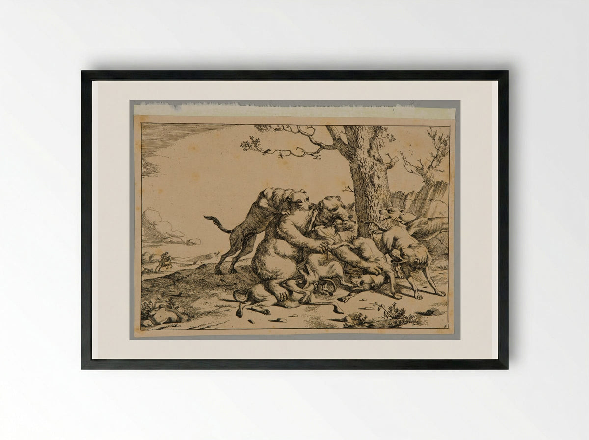 Bear and Dogs - Marcus de Bye - Framed Print Black