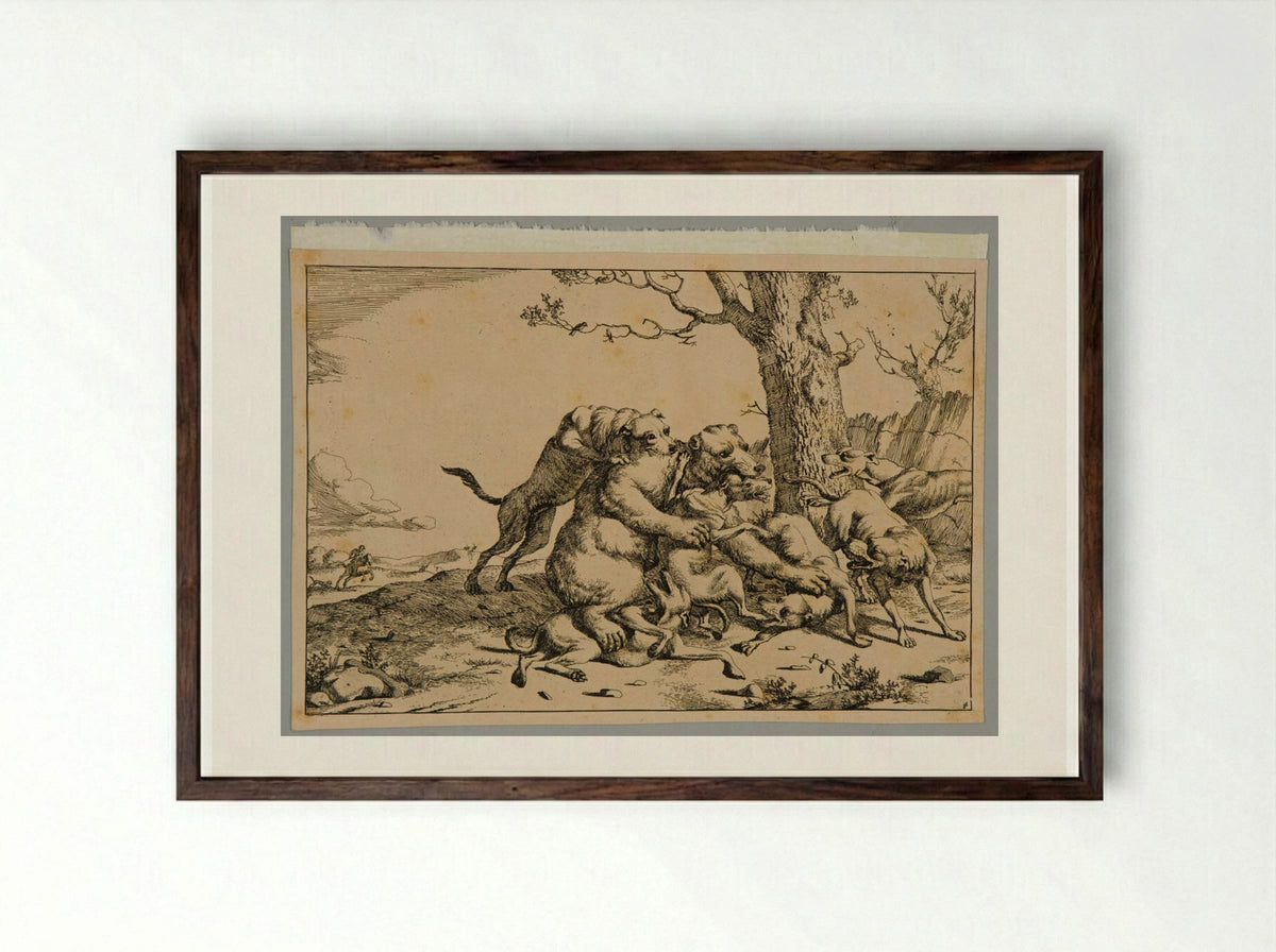 Bear and Dogs - Marcus de Bye - Framed Print Dark Wood