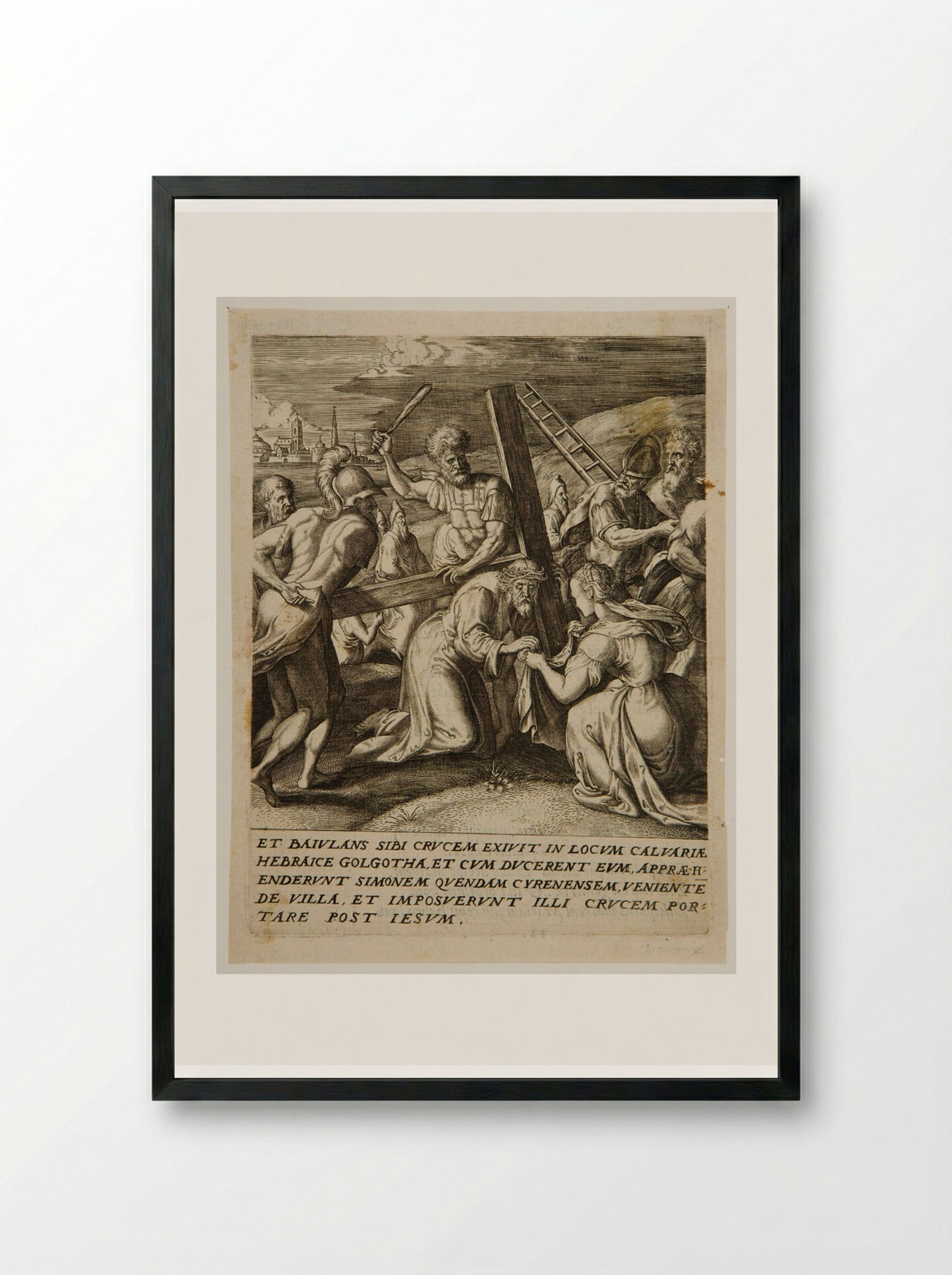 Bearing the Cross, Christ Meets Veronica - Johannes Wierix - Framed Print Black