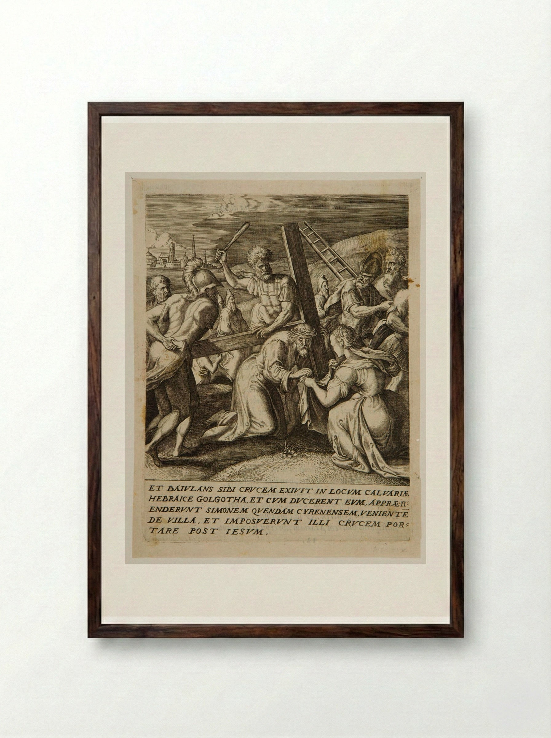 Bearing the Cross, Christ Meets Veronica - Johannes Wierix - Framed Print Dark Wood