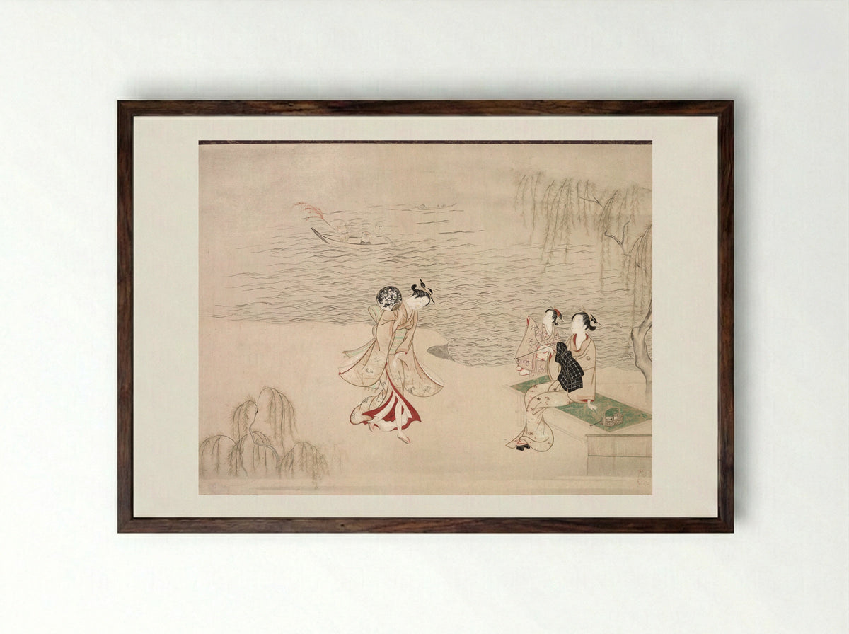 Beauties at the Seashore - Ippitsusai Bunchō - Framed Print Dark Wood