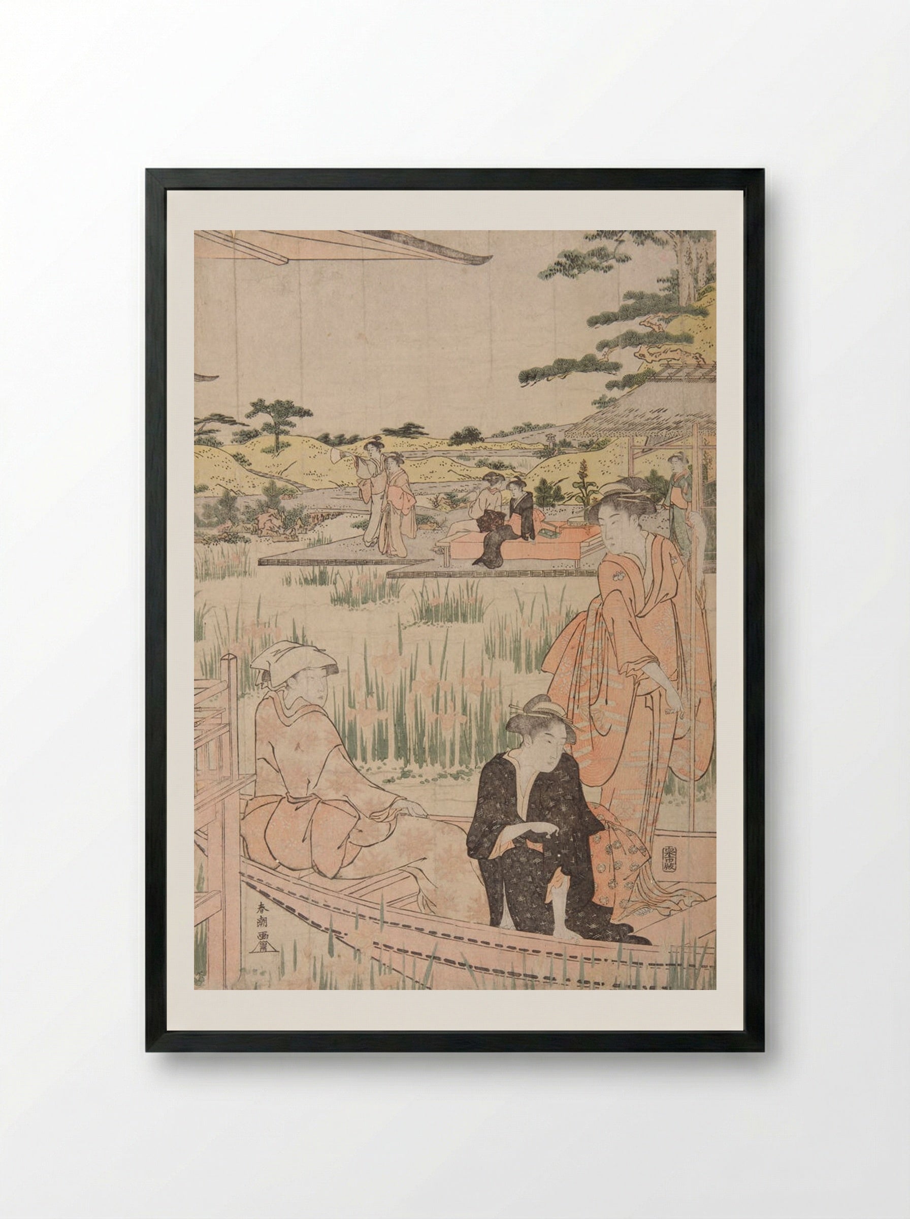 Beauties on Verandah Admiring Iris Pond - Katsukawa Shunkō - Framed Print Black