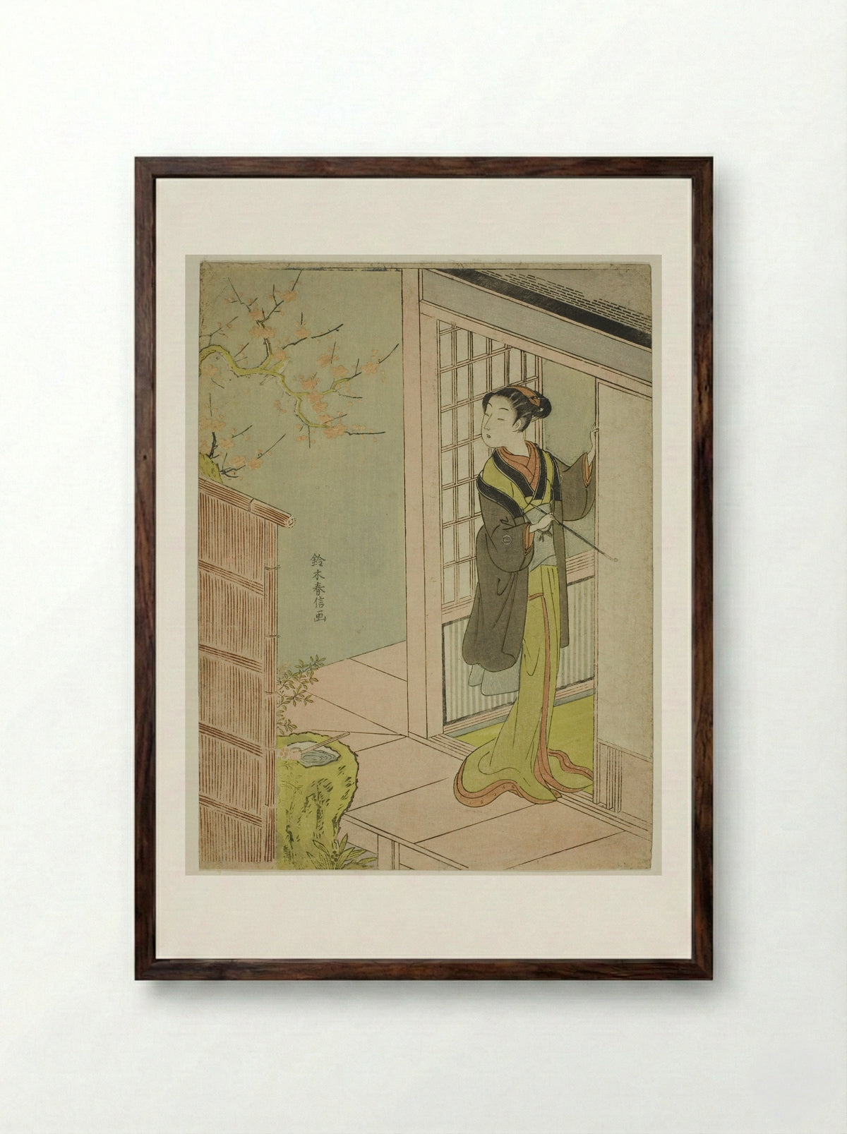 Beauty Admiring a Bush Warbler Singing in a Plum Tree - Suzuki Harunobu - Framed Print Dark Wood