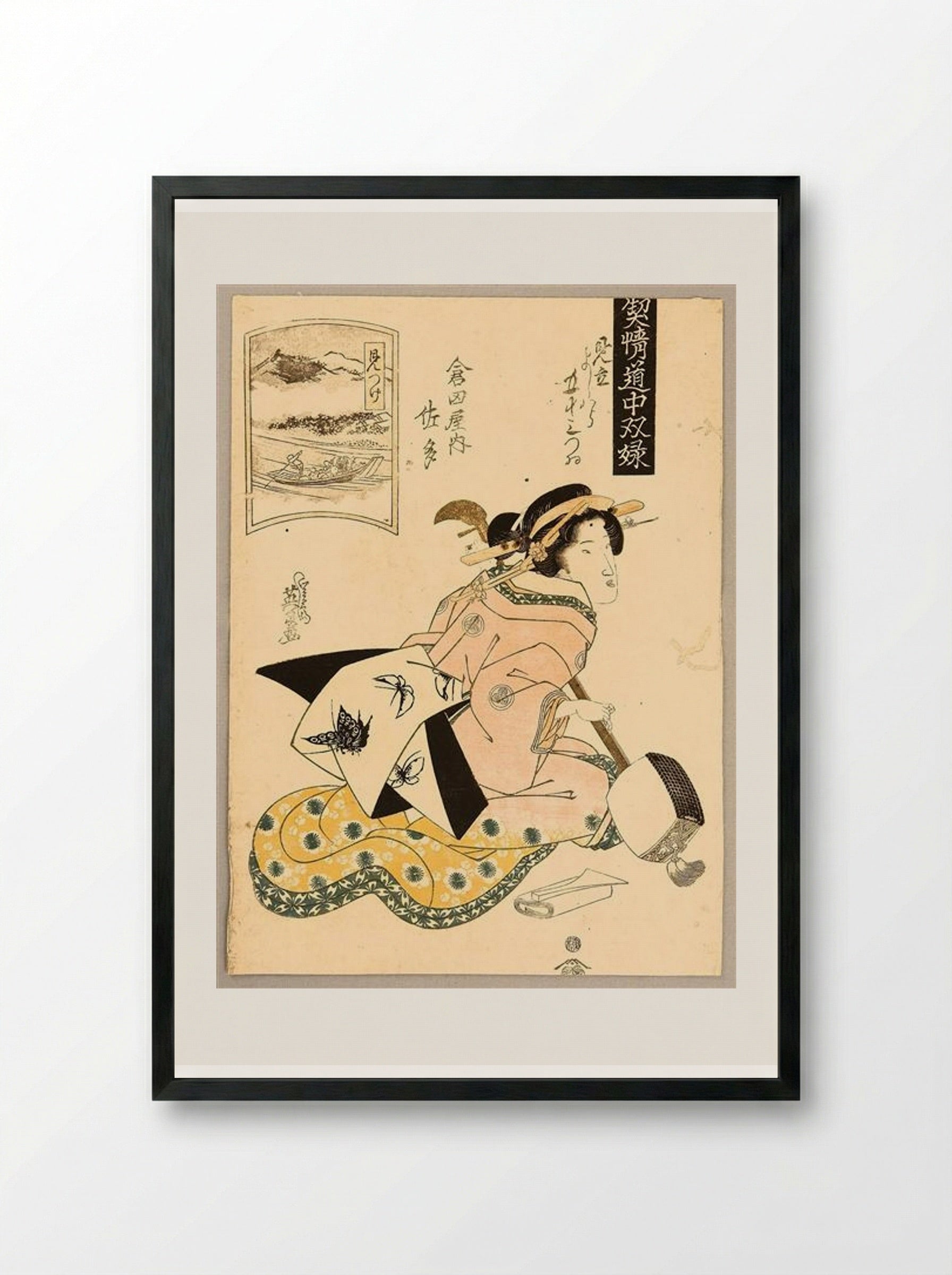 Beauty and Shamisen - Keisai Eisen - Framed Print Black