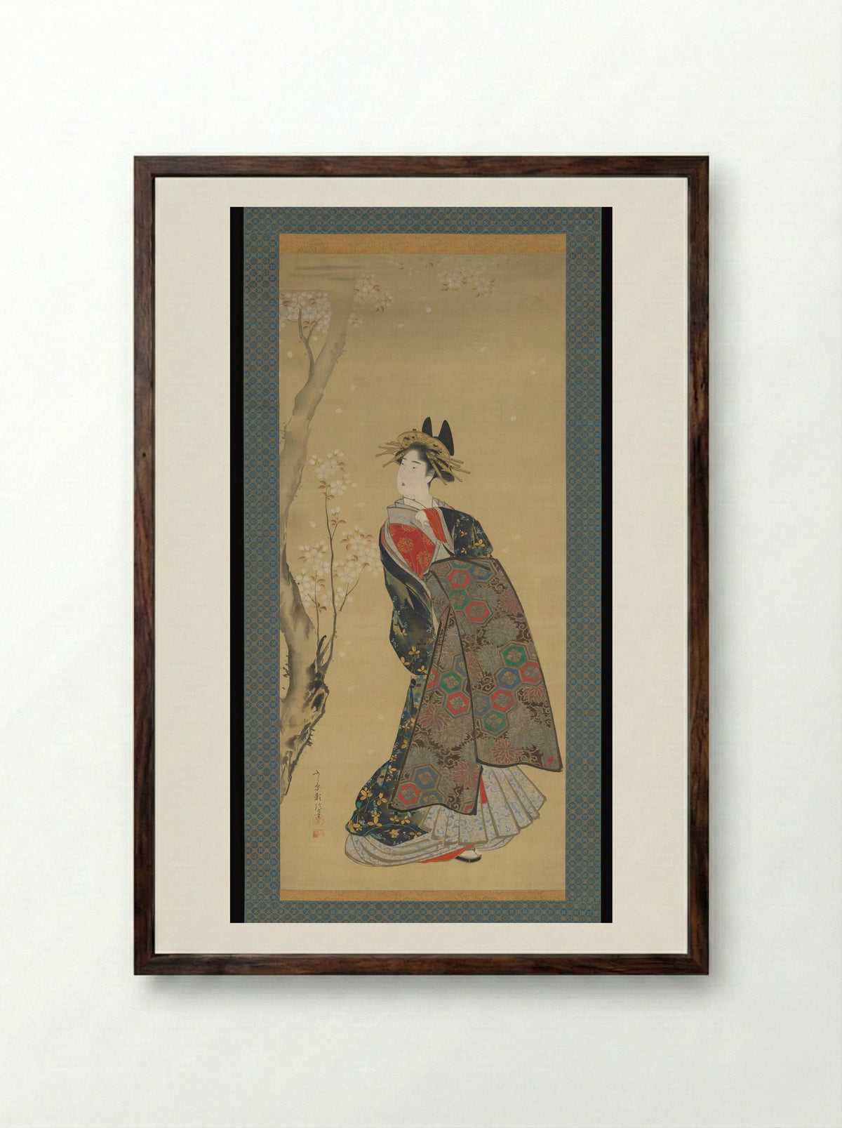 Beauty of the Season; Spring - Fujiwara Chikanobu - Framed Print Dark Wood