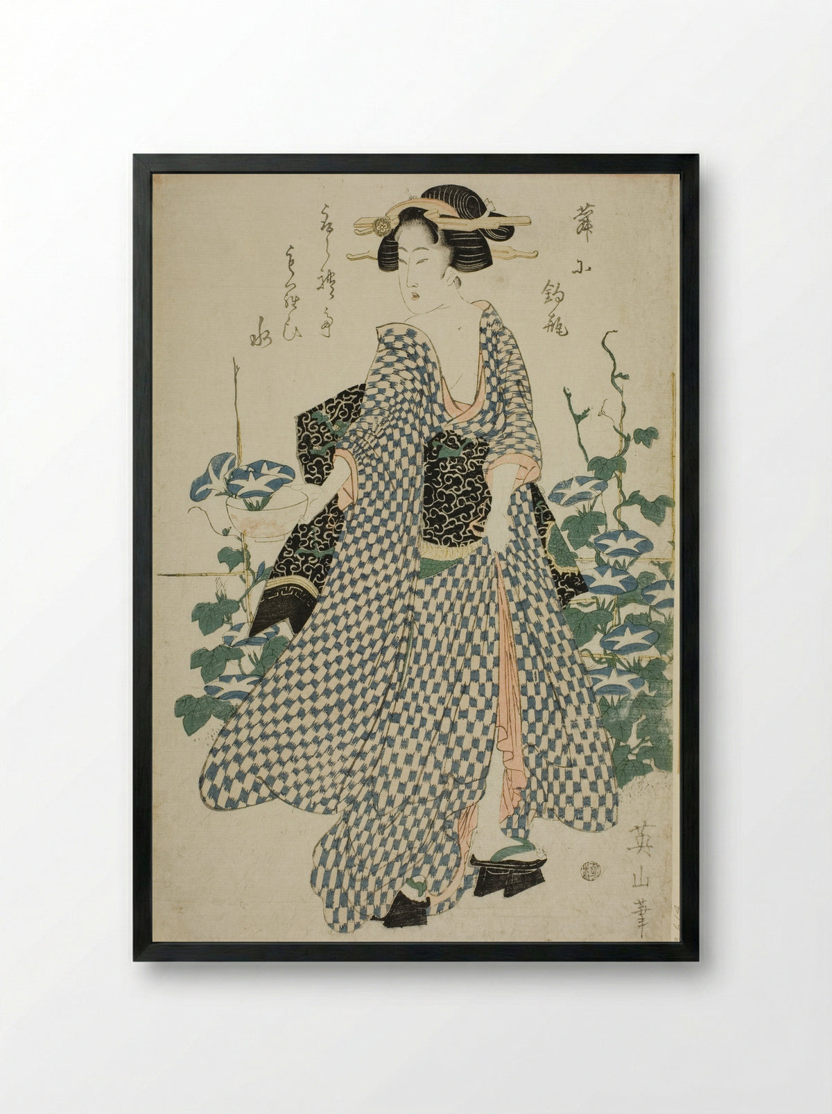 Beauty standing beside morning glories - Kikukawa Eizan - Framed Print Black