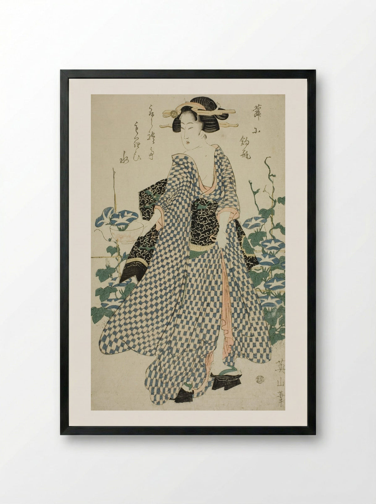 Beauty standing beside morning glories - Kikukawa Eizan - Framed Print Black