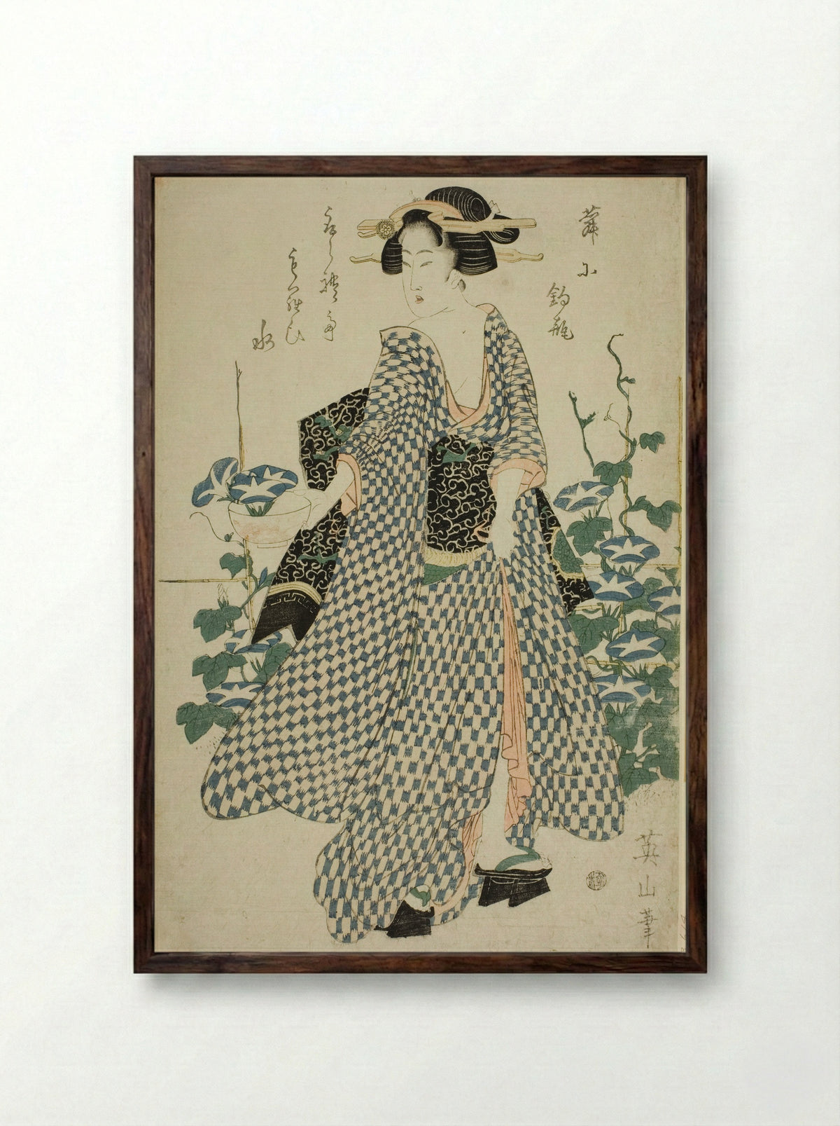 Beauty standing beside morning glories - Kikukawa Eizan - Framed Print Dark Wood