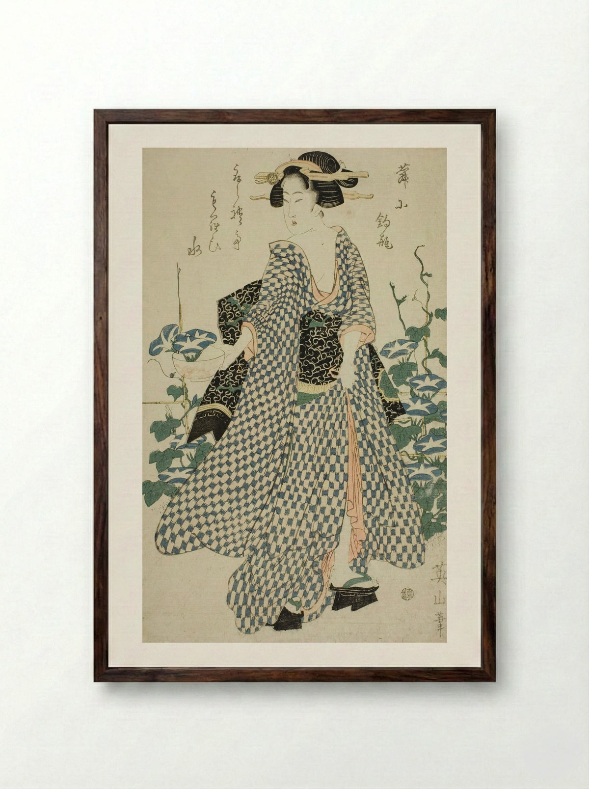 Beauty standing beside morning glories - Kikukawa Eizan - Framed Print Dark Wood