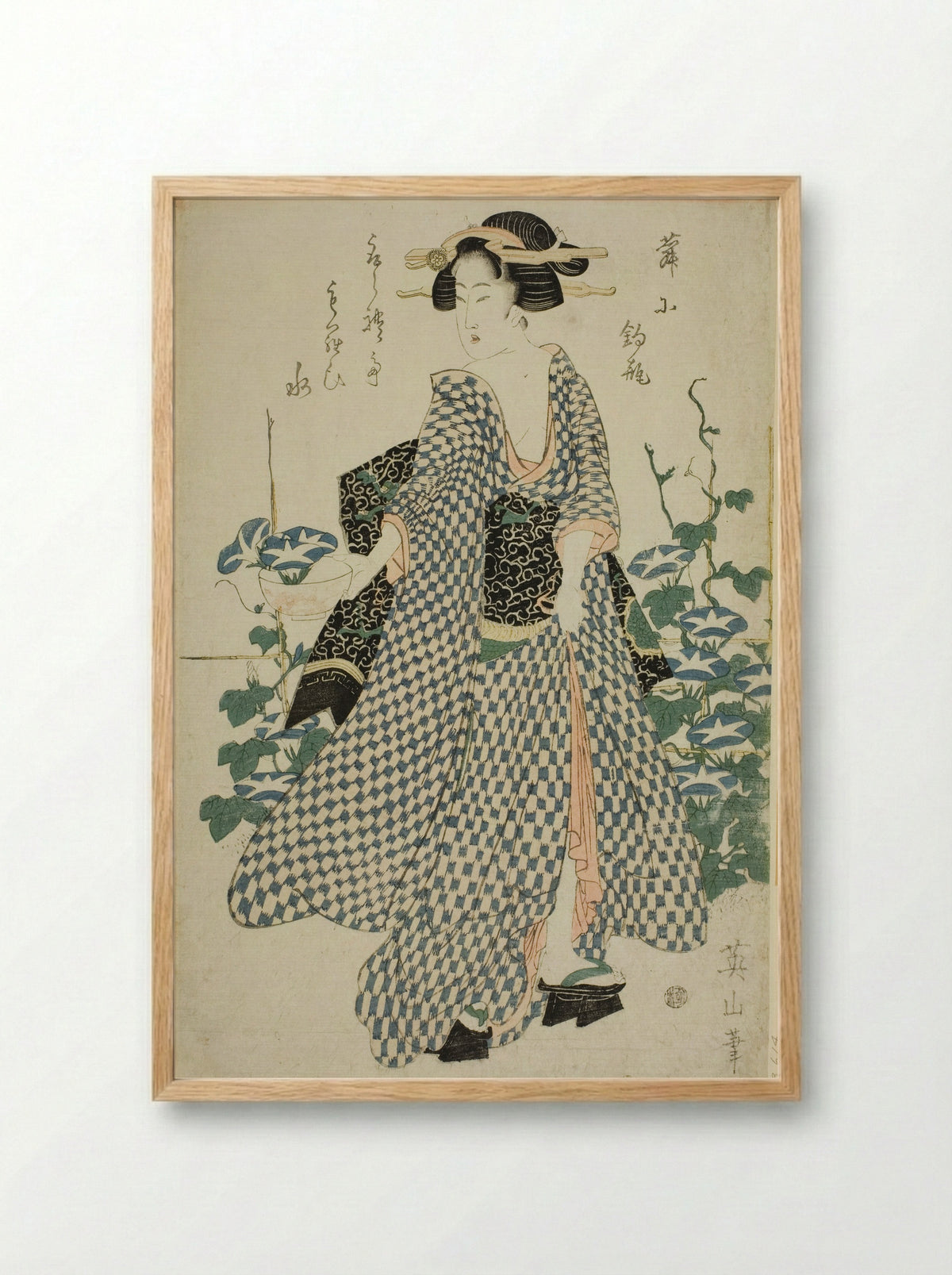 Beauty standing beside morning glories - Kikukawa Eizan - Framed Print Wood