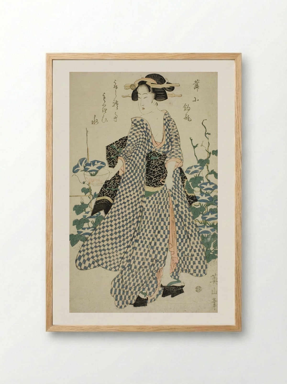 Beauty standing beside morning glories - Kikukawa Eizan - Framed Print Wood