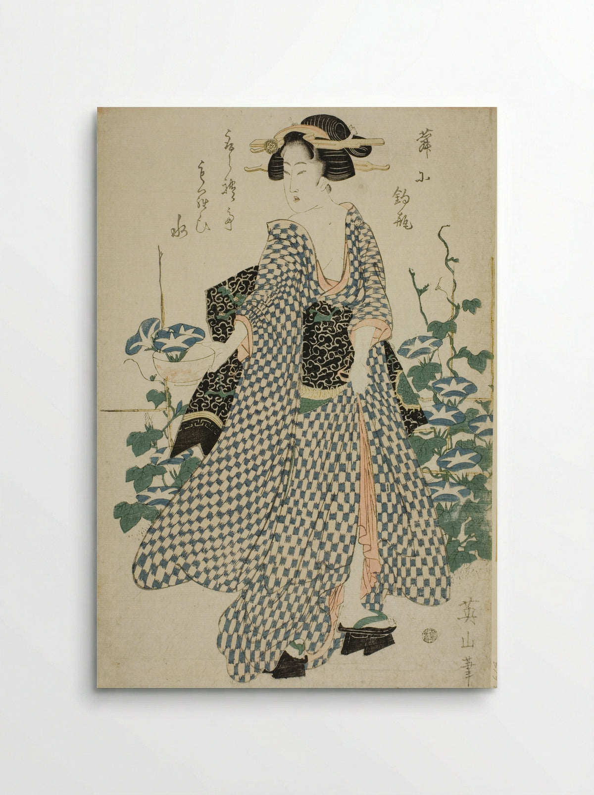 Beauty standing beside morning glories - Kikukawa Eizan - Poster