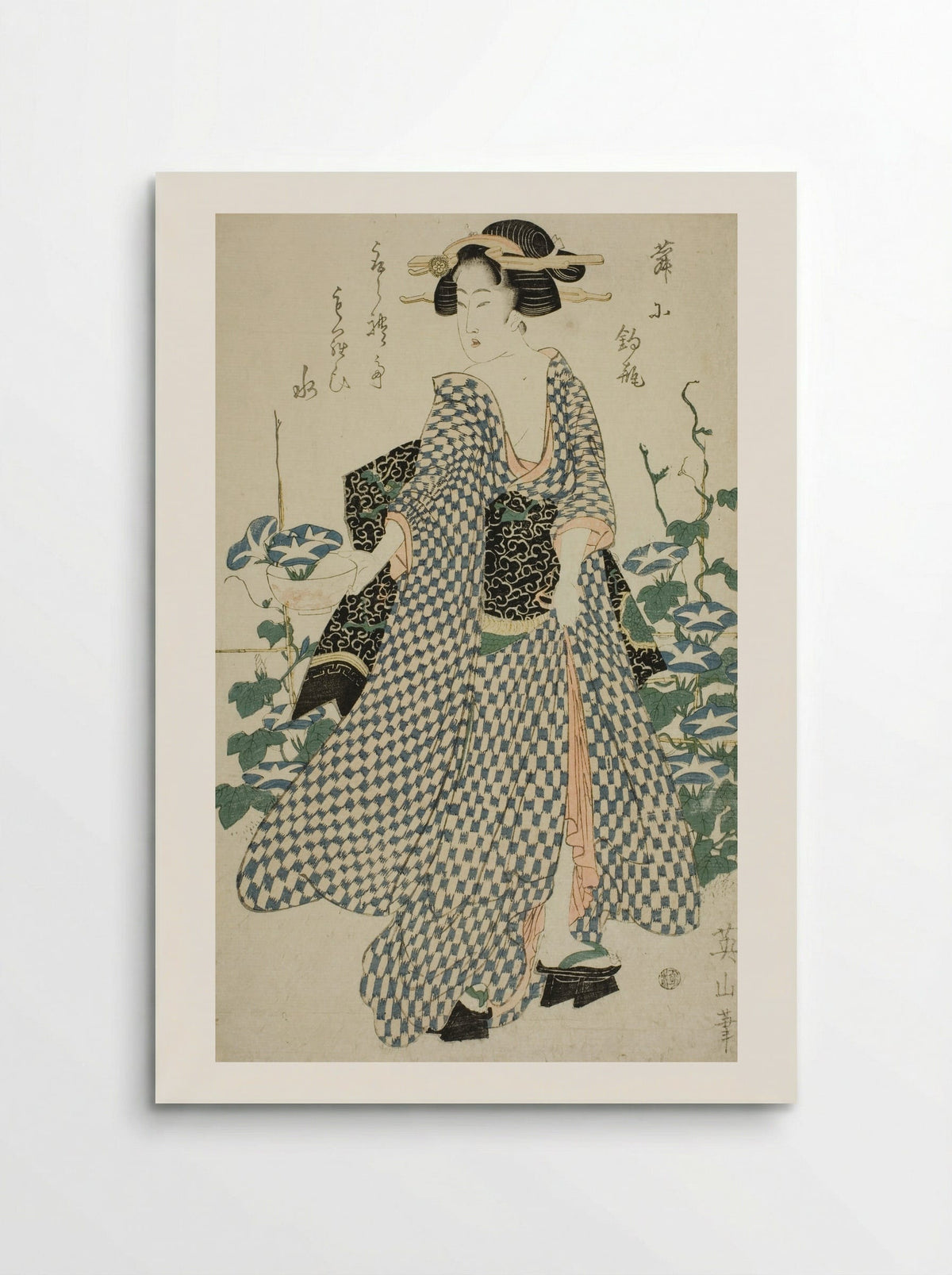 Beauty standing beside morning glories - Kikukawa Eizan - Poster