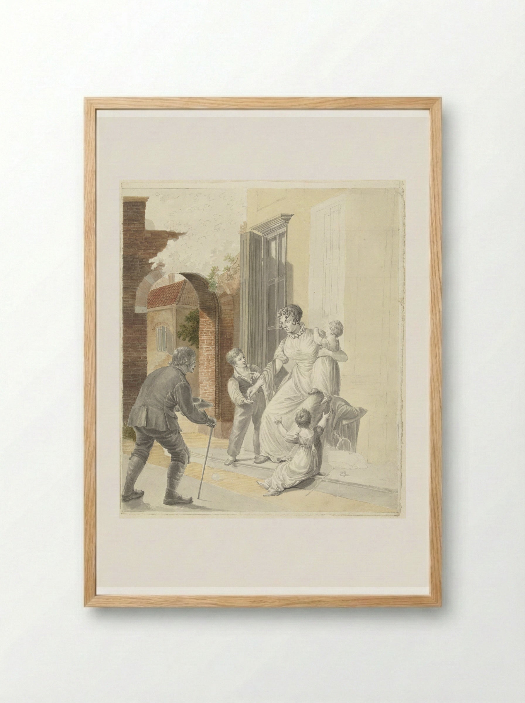 Bedelaar ontvangt een aalmoes van een dame - Pieter Bartholomeusz. Barbiers - Framed Print Wood