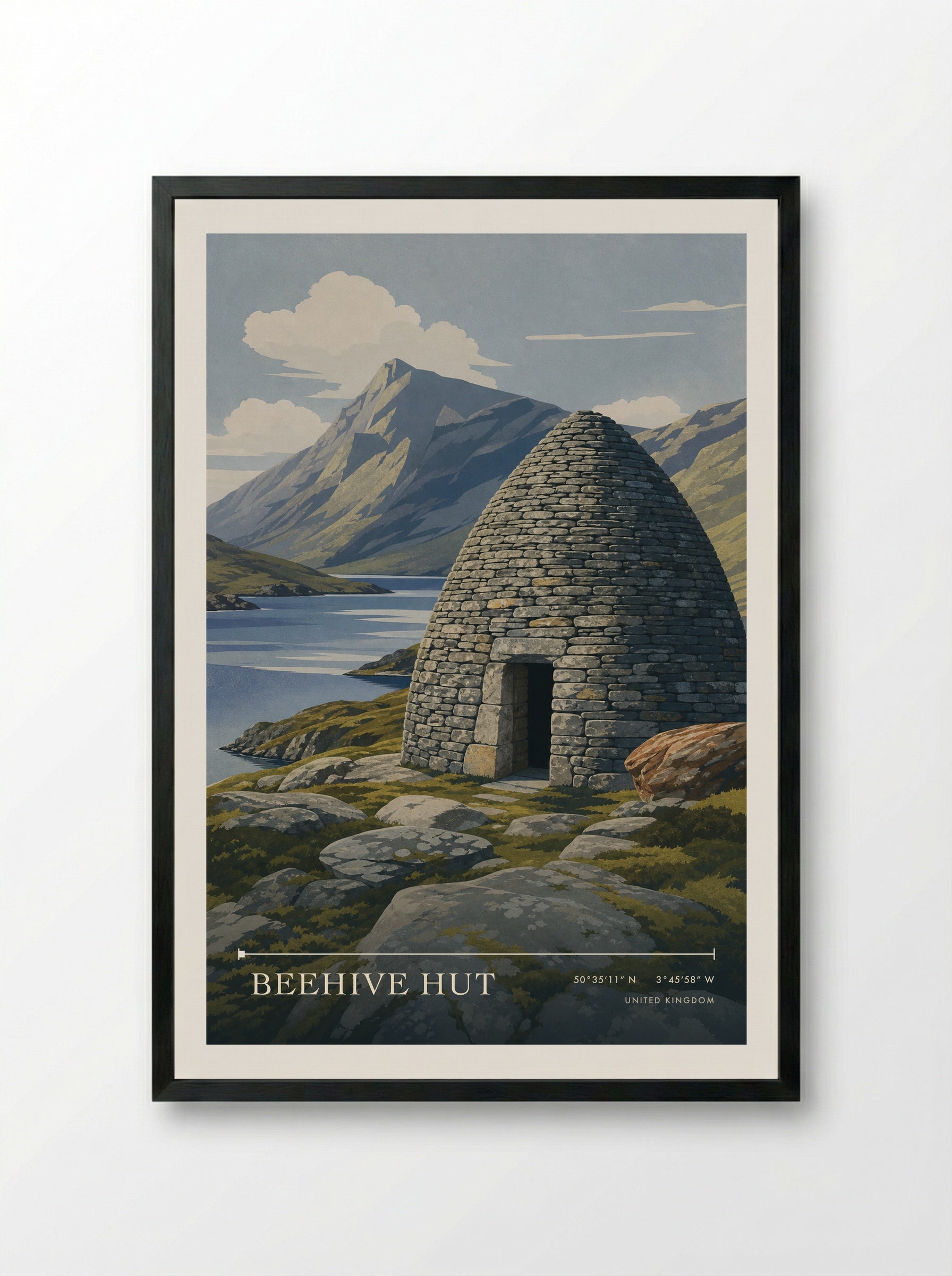 Beehive Hut United Kingdom Travel Poster - Framed Print Black