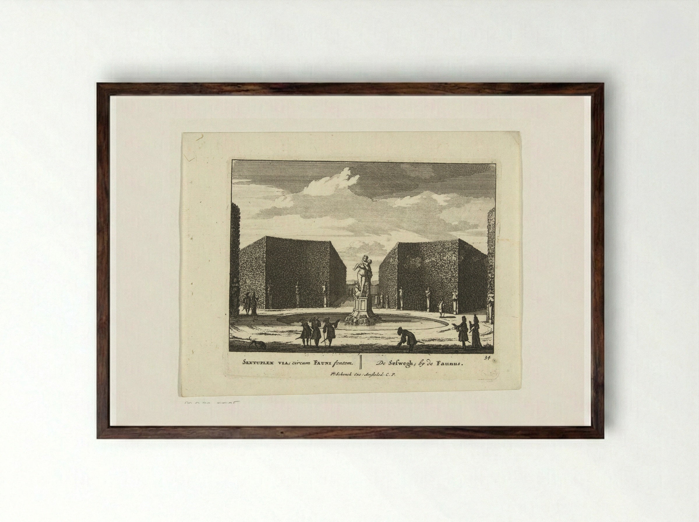 Beeld van de Faun in het doolhof van de tuinen van Paleis Het Loo - Jan van Call (I) - Framed Print Dark Wood