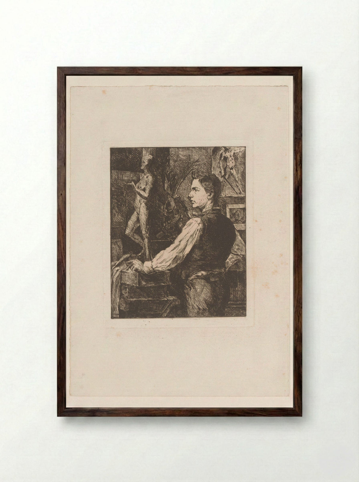 Beeldhouwer in zijn werkplaats - Josué Dupon - Framed Print Dark Wood
