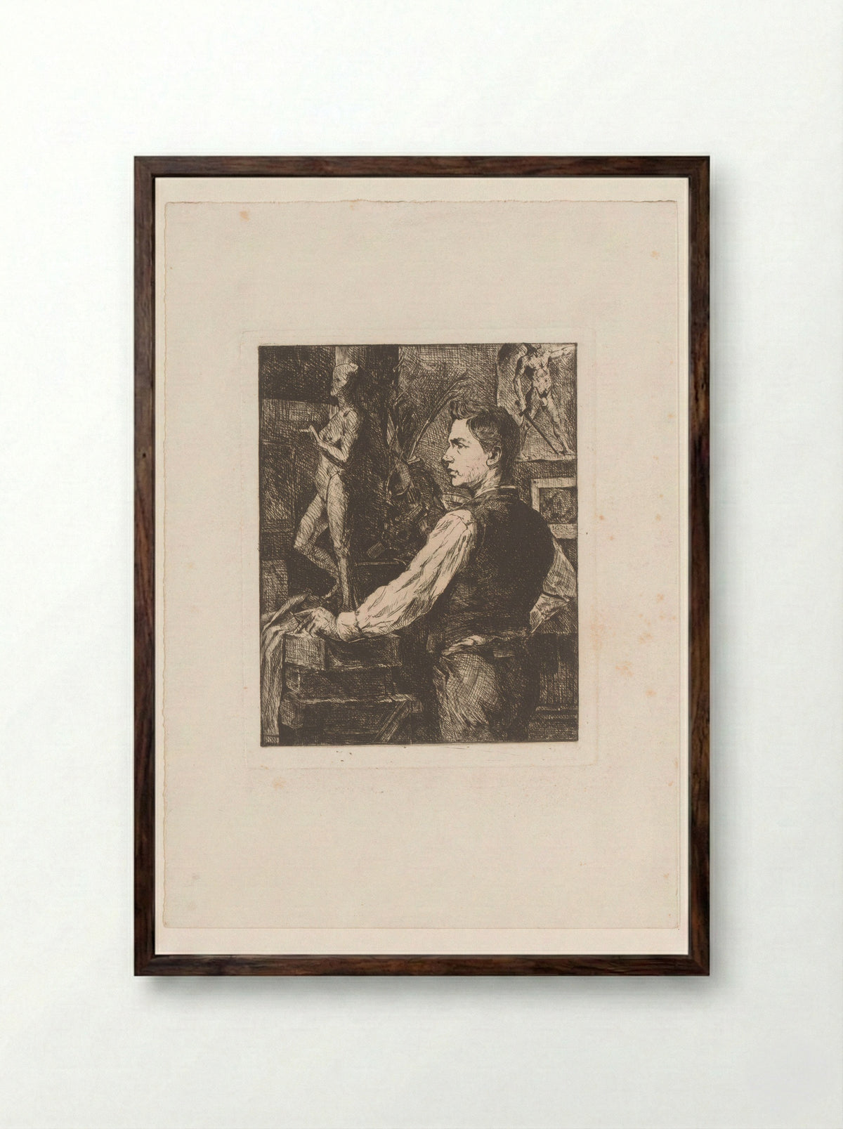 Beeldhouwer in zijn werkplaats - Josué Dupon - Framed Print Dark Wood
