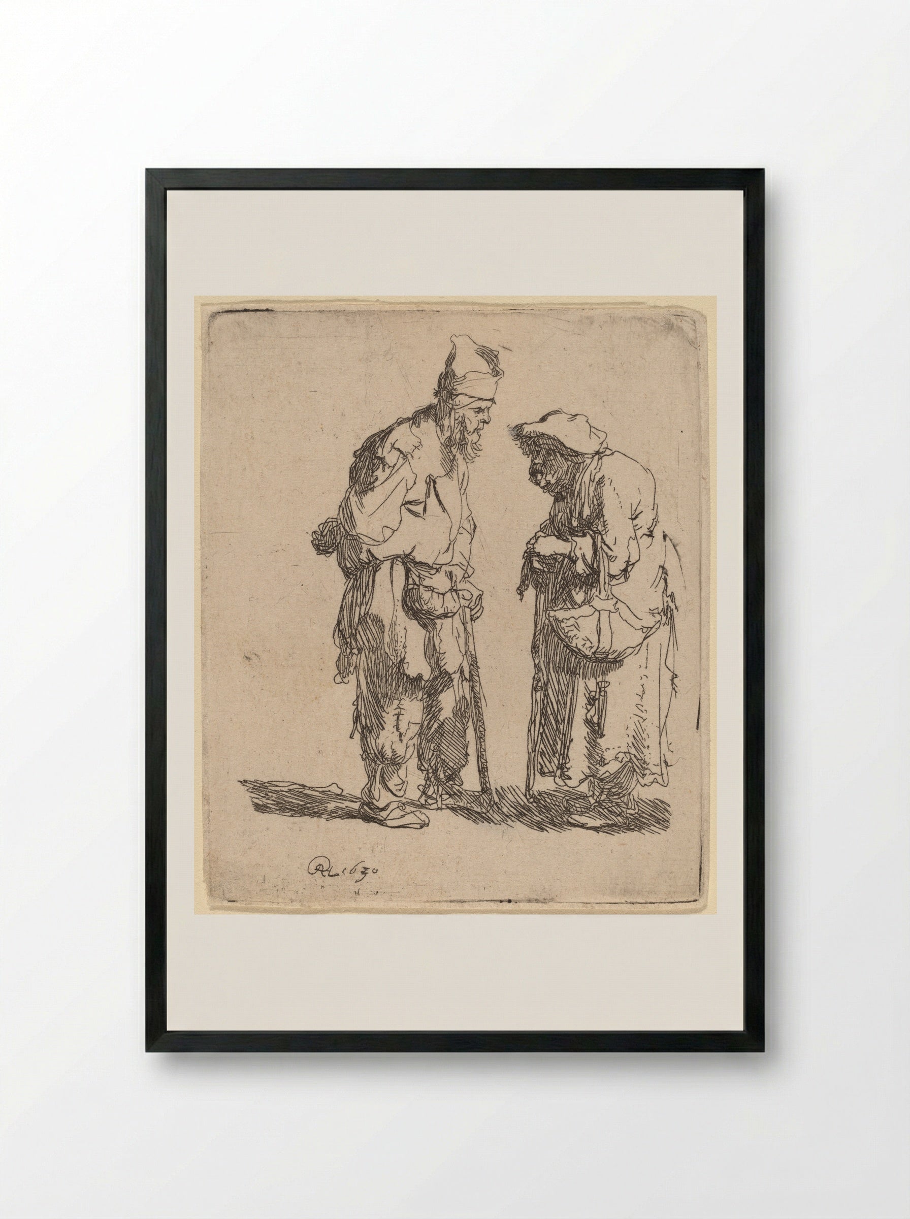 Beggar Man and Beggar Woman Conversing - Rembrandt Harmensz. van Rijn - Framed Print Black
