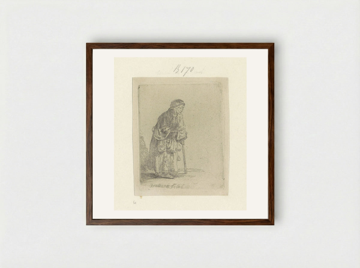 Beggar Woman Leaning on a Stick - Rembrandt van Rijn - Framed Print Dark Wood