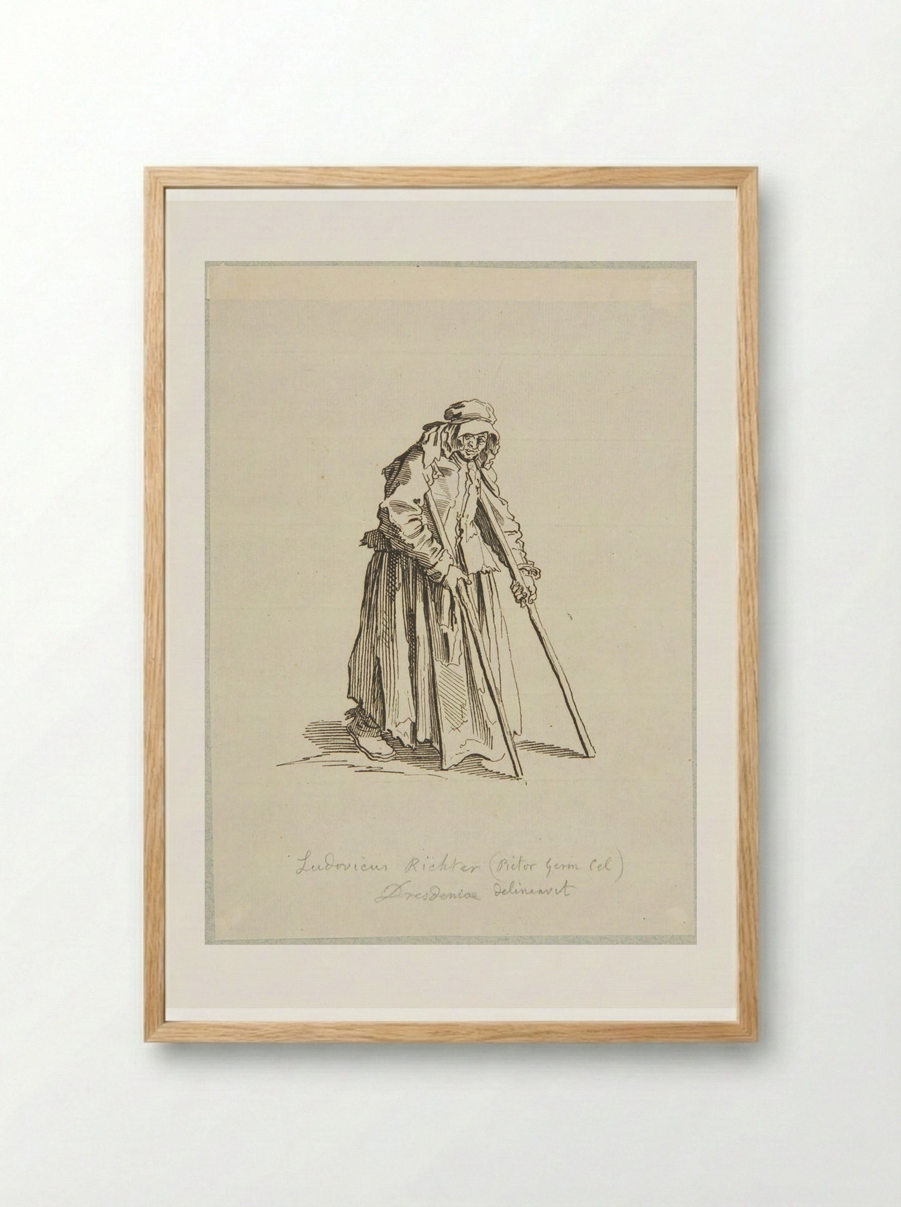 Beggar Woman on Crutches, after Callot - Adrian Ludwig Richter - Framed Print Wood