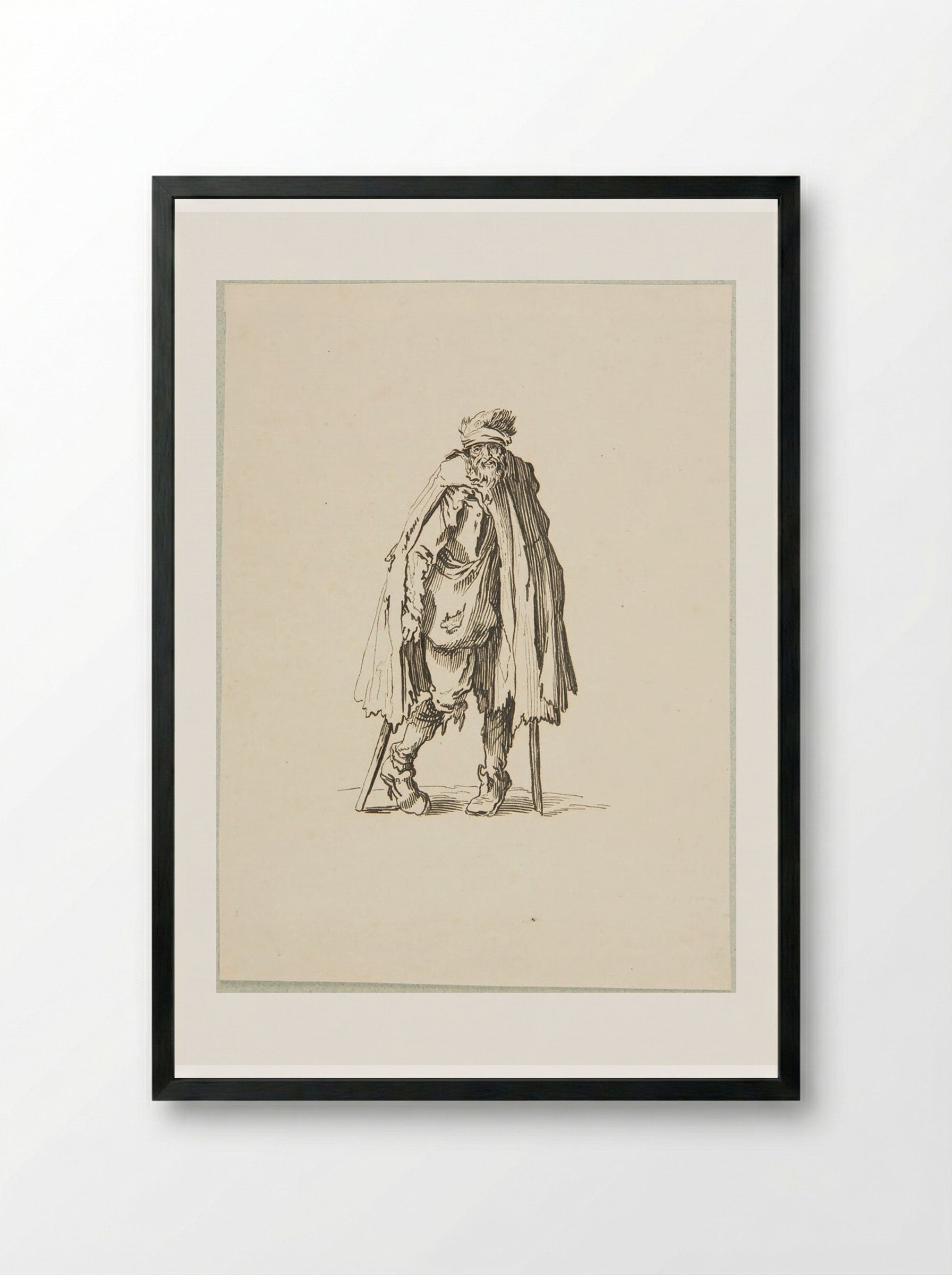 Beggar on Crutches with a Sack, after Callot - Adrian Ludwig Richter - Framed Print Black
