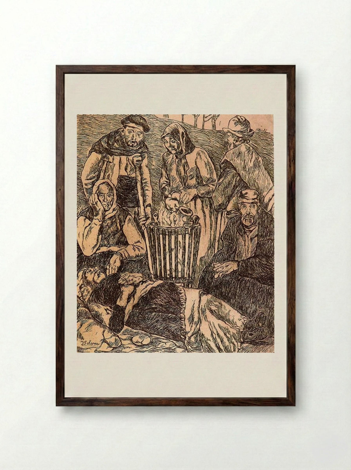 Beggars Warming - José Gutiérrez Solana - Framed Print Dark Wood