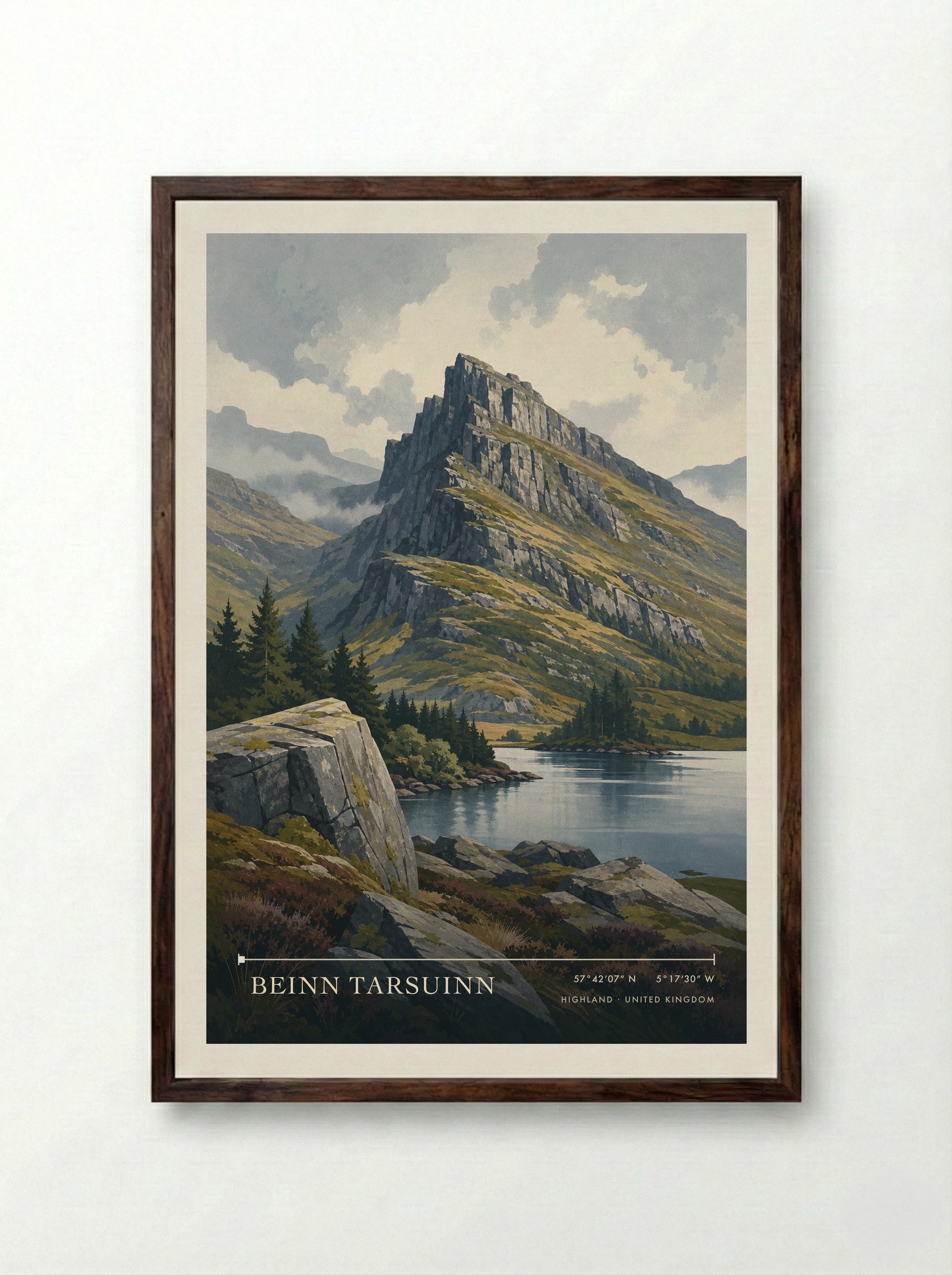 Beinn Tarsuinn Highland United Kingdom Travel Poster - Framed Print Dark Wood