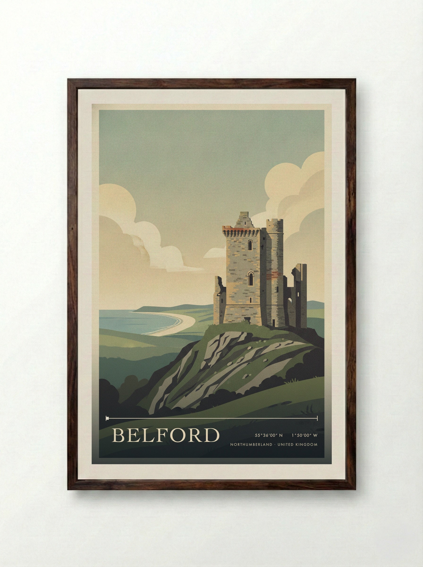 Belford Northumberland United Kingdom Travel Poster - Framed Print Dark Wood