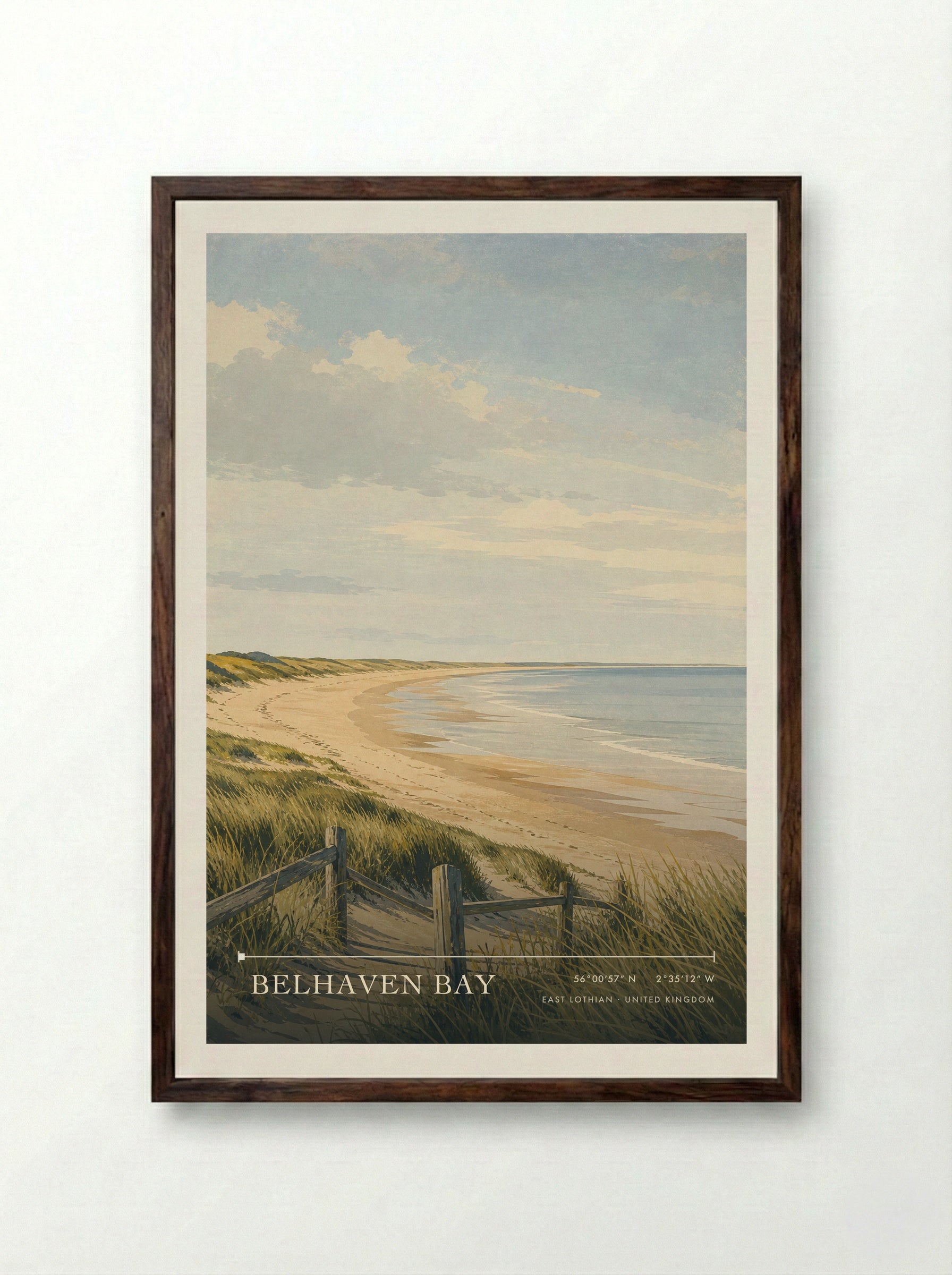 Belhaven Bay East Lothian United Kingdom Travel Poster - Framed Print Dark Wood