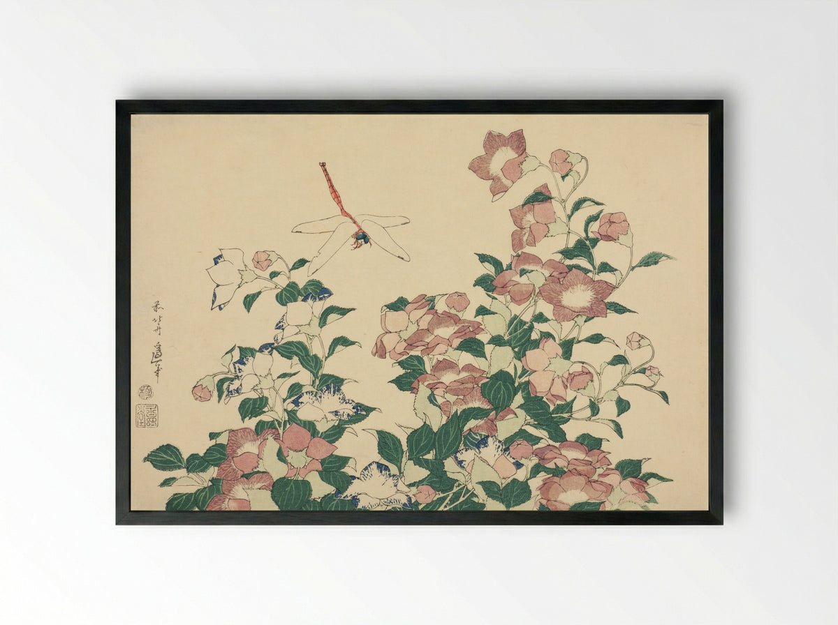 Bell-Flower and Dragonfly - Katsushika Hokusai - Framed Print Black