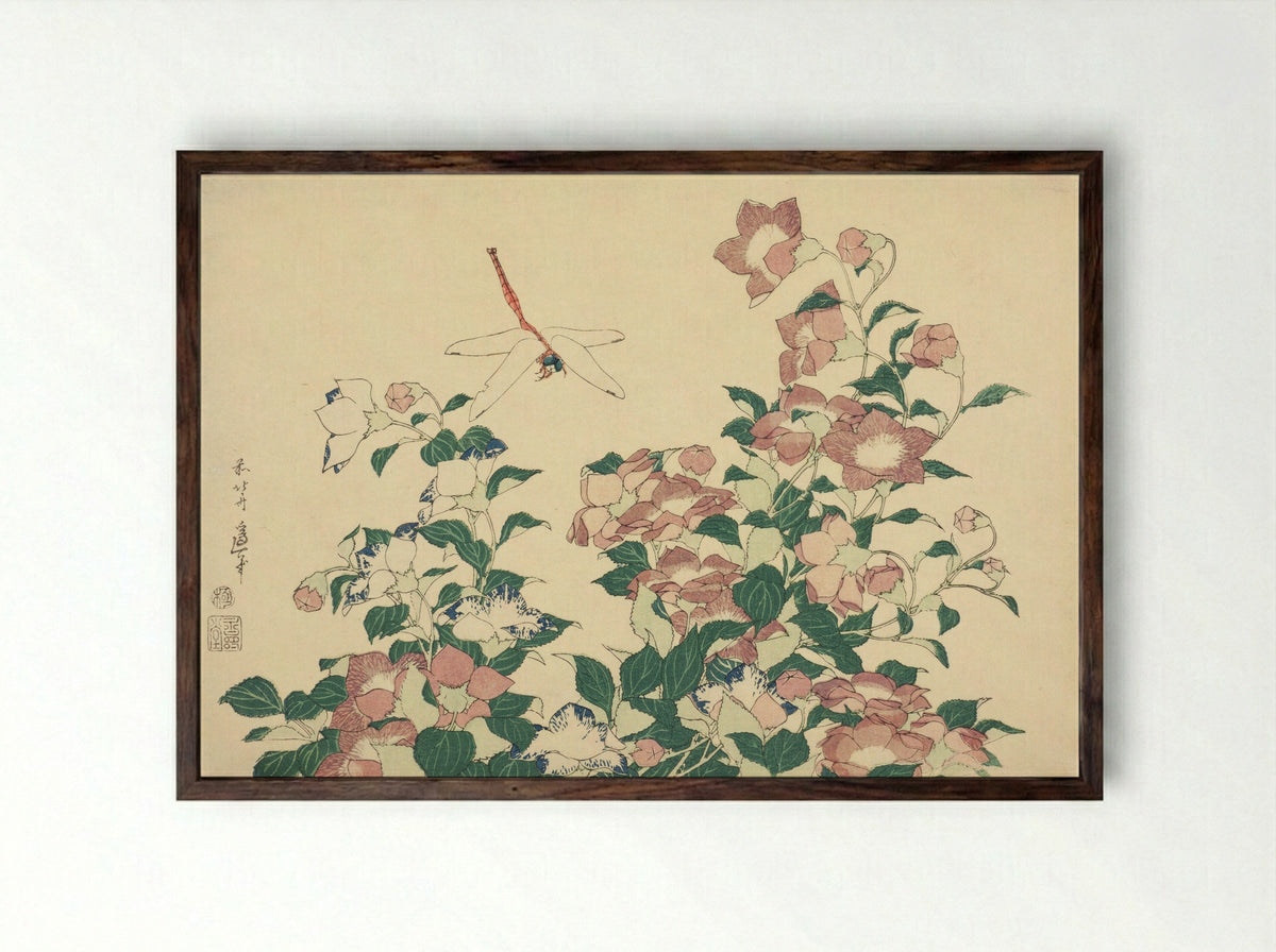 Bell-Flower and Dragonfly - Katsushika Hokusai - Framed Print Dark Wood