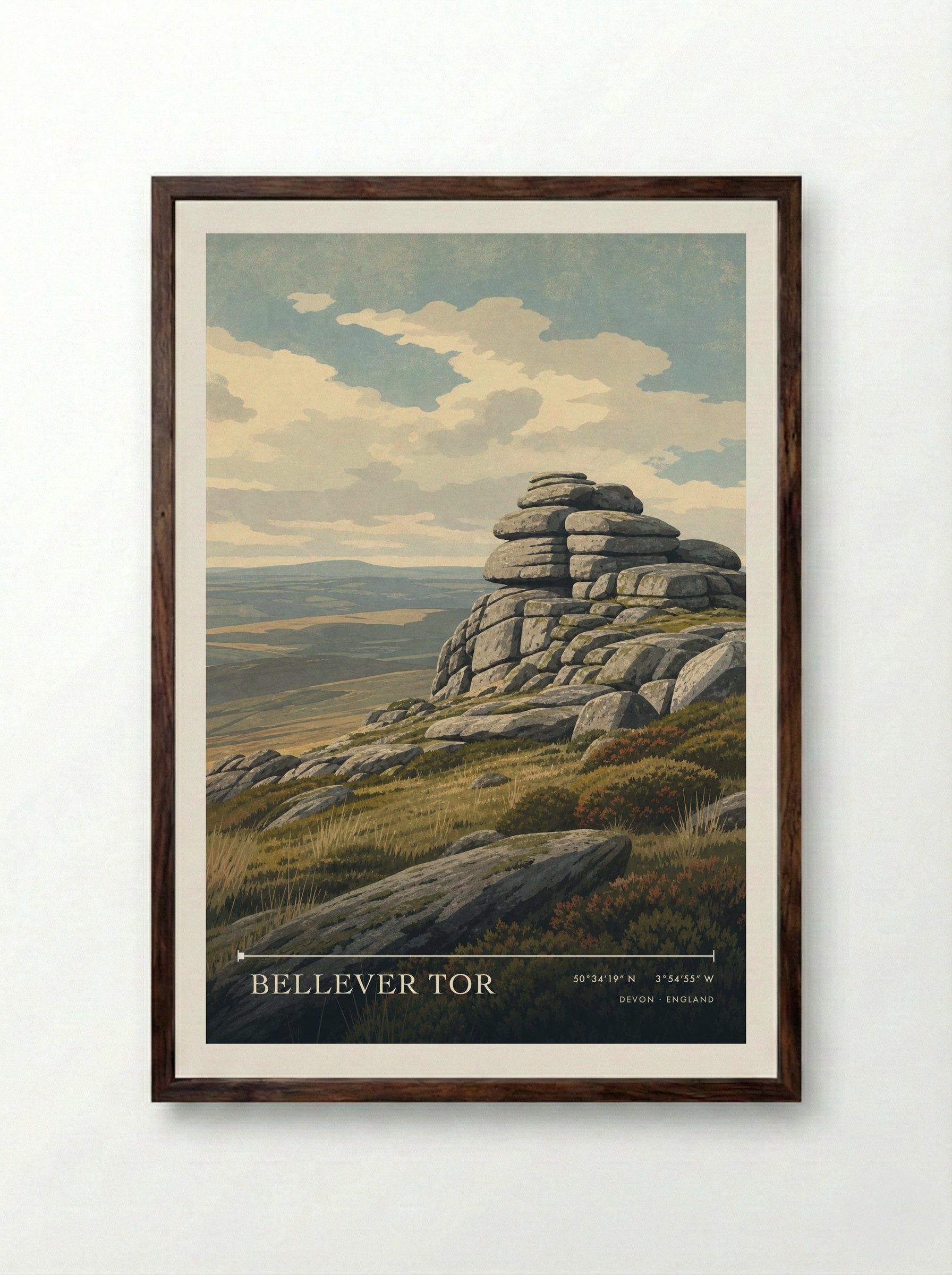 Bellever Tor Devon England Travel Poster - Framed Print Dark Wood