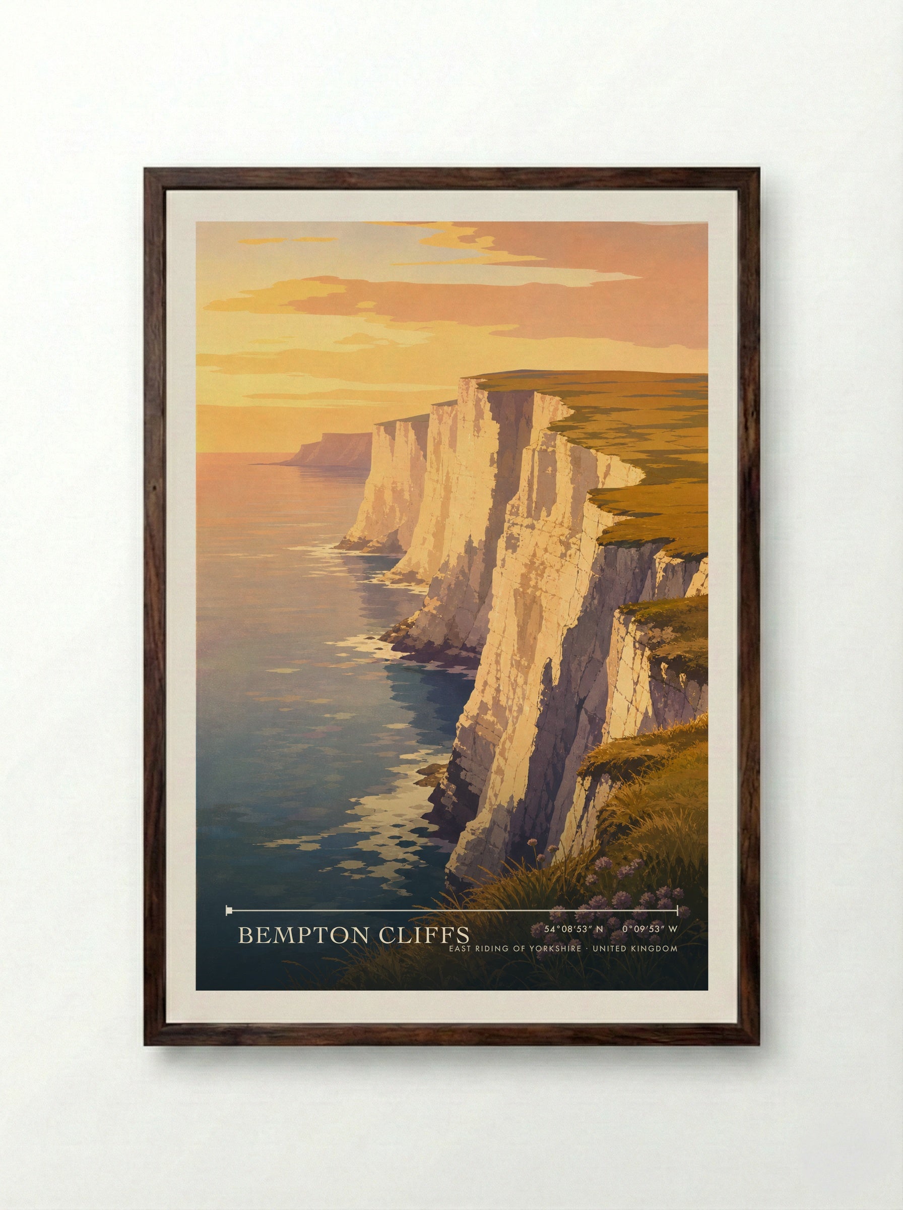 Bempton Cliffs East Riding of Yorkshire United Kingdom Travel Poster - Framed Print Dark Wood