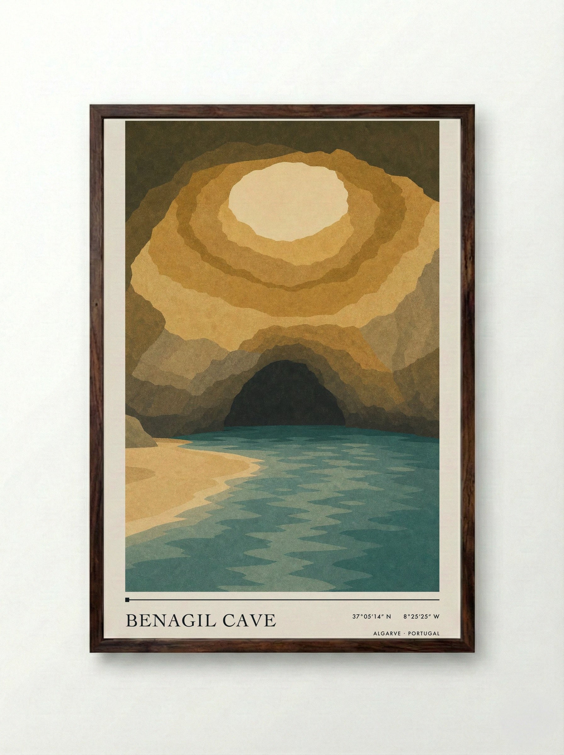Benagil Cave Travel Poster Artwork - Framed Print Dark Wood