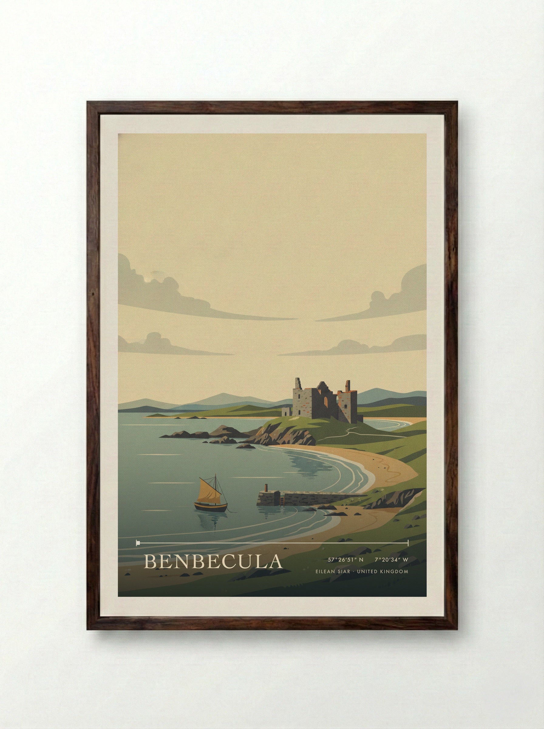 Benbecula Eilean Siar United Kingdom Travel Poster - Framed Print Dark Wood