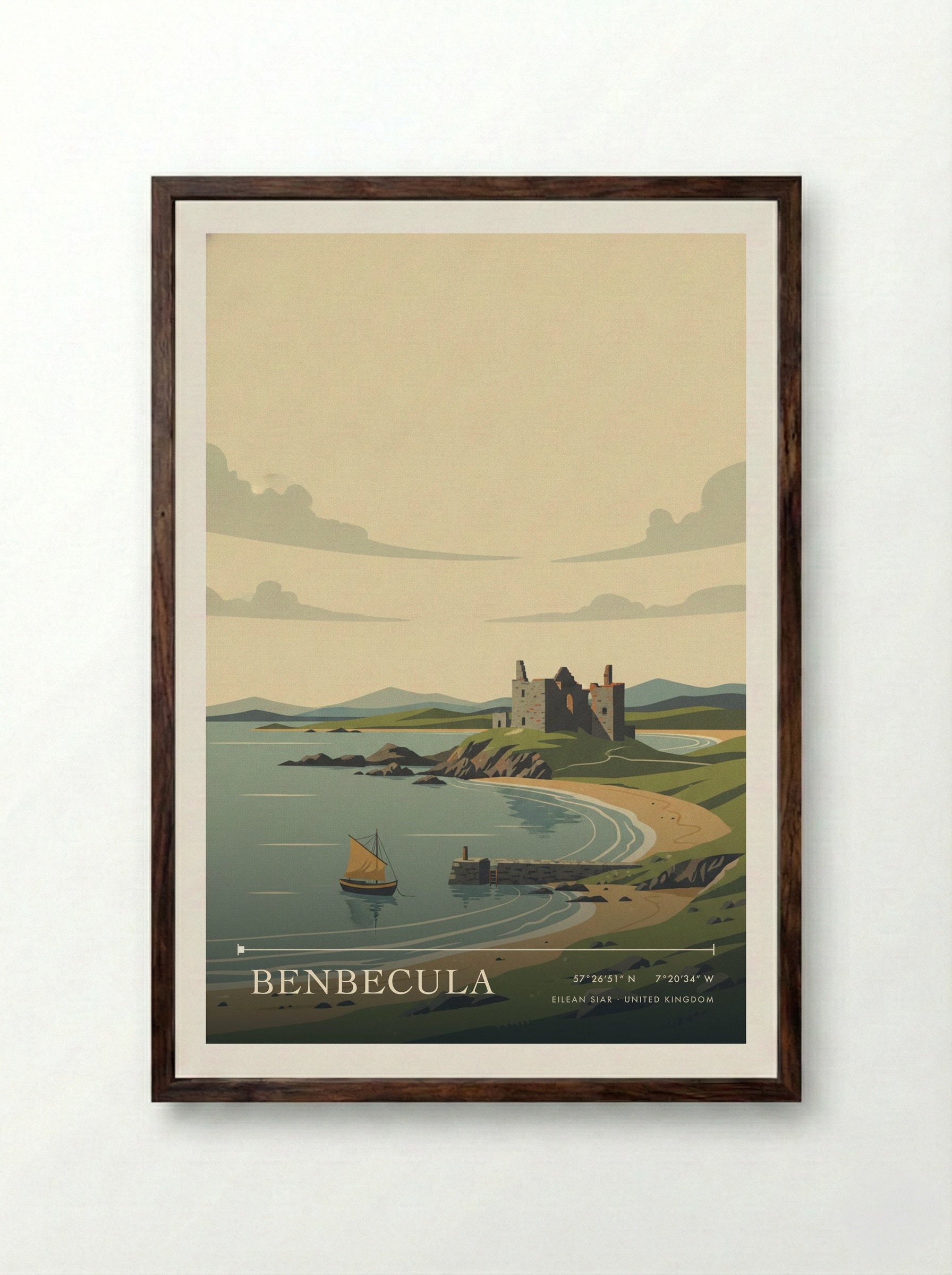 Benbecula Eilean Siar United Kingdom Travel Poster - Framed Print Dark Wood
