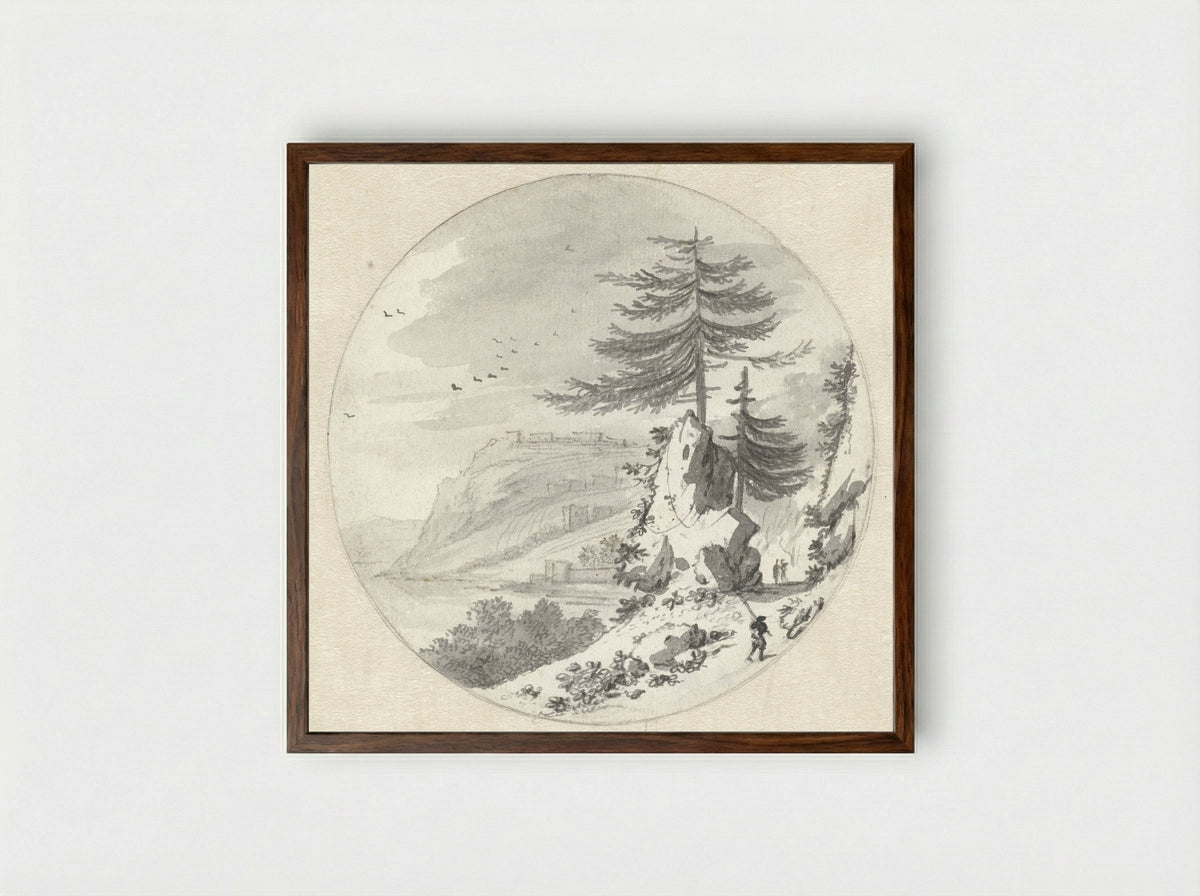 Bergachtig kustlandschap met een grote naaldboom - Hendrik van der Straaten - Framed Print Dark Wood