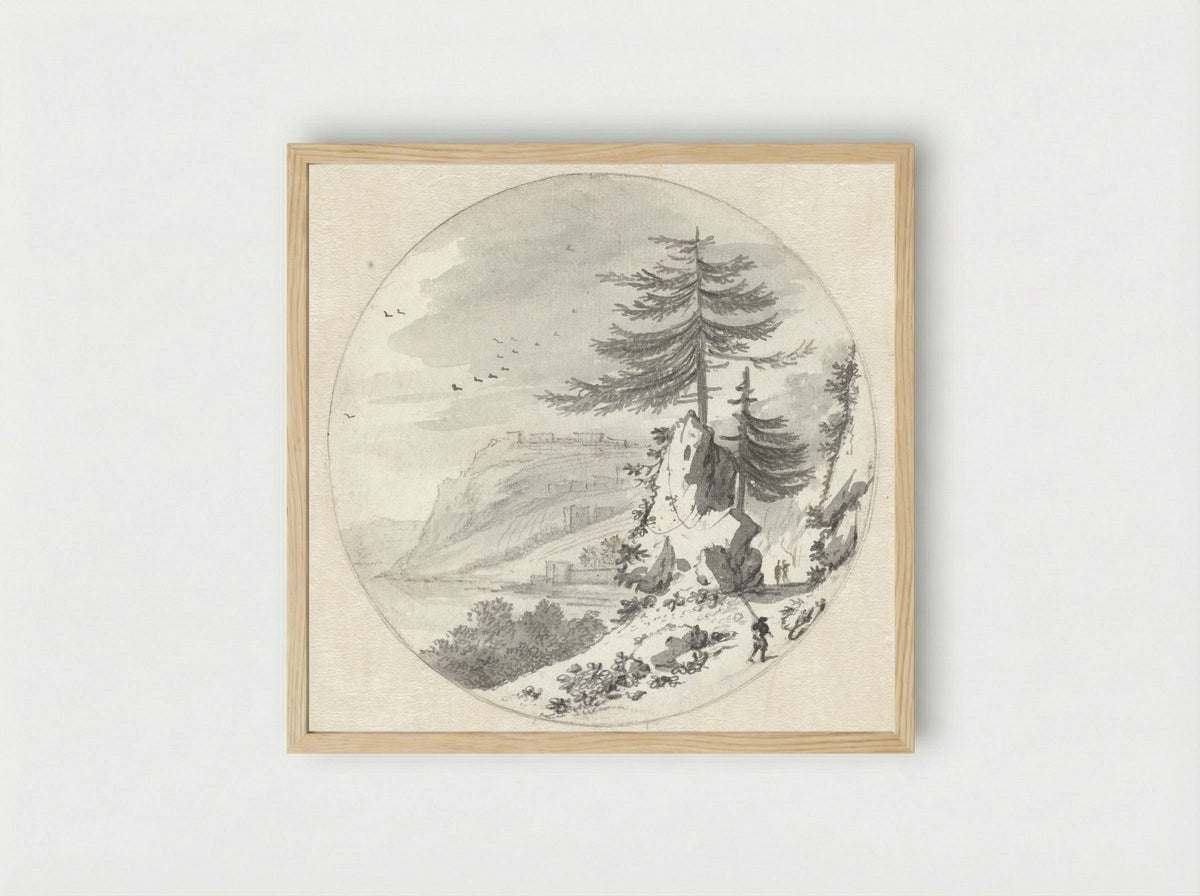 Bergachtig kustlandschap met een grote naaldboom - Hendrik van der Straaten - Framed Print Wood