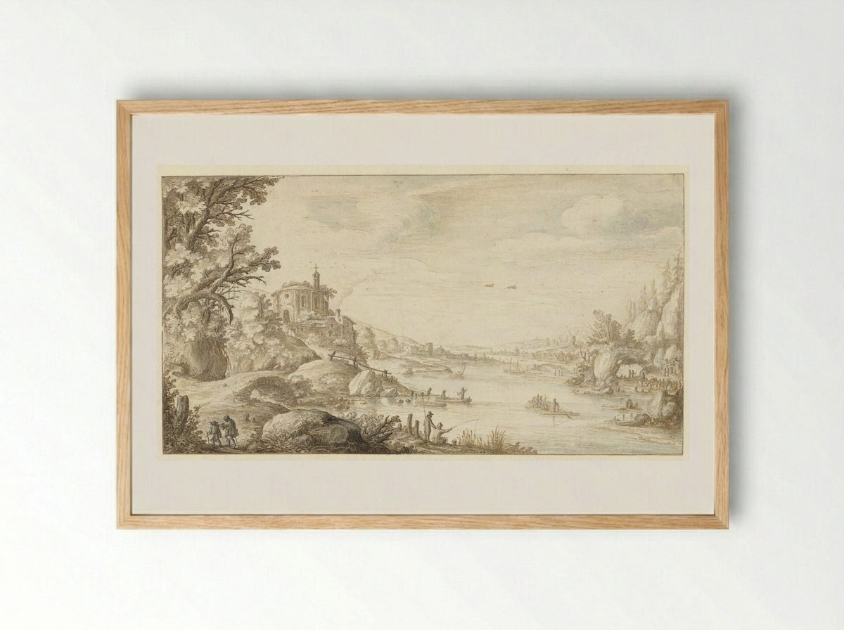 Bergachtig landschap met een ronde kapel aan de oever van een rivier - Marten de Cock - Framed Print Wood