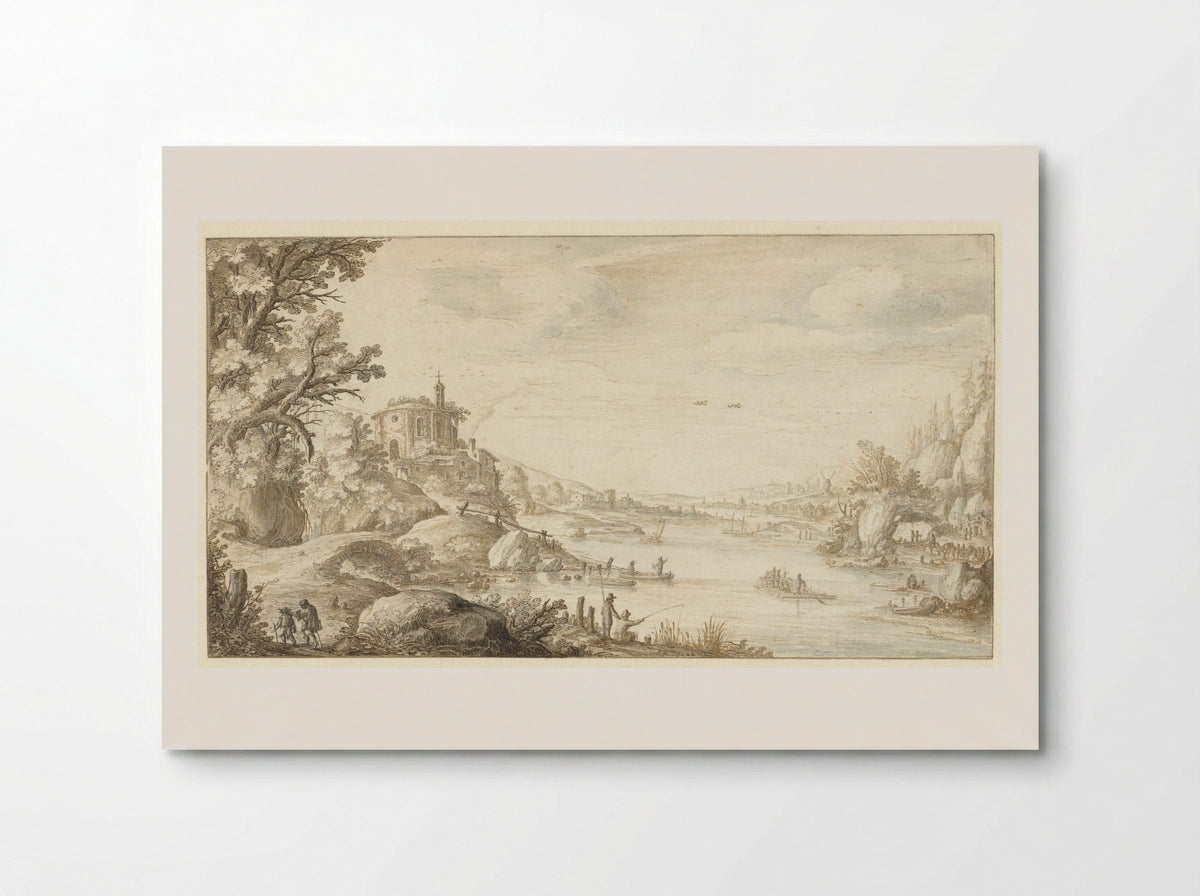 Bergachtig landschap met een ronde kapel aan de oever van een rivier - Marten de Cock - Poster